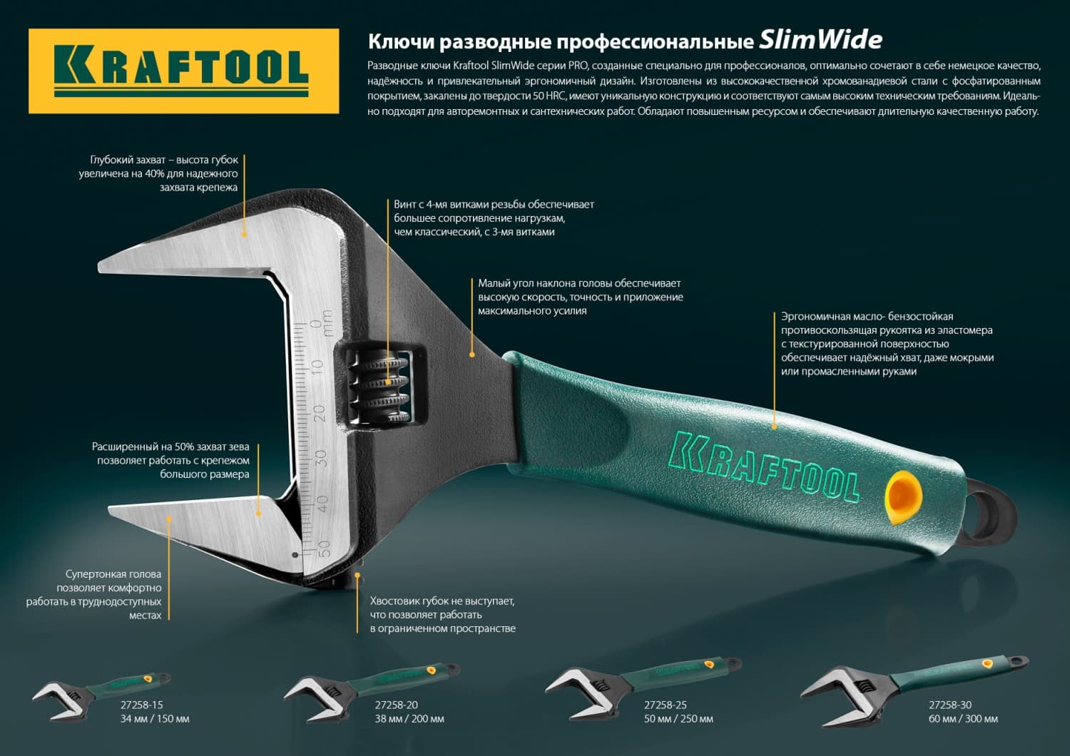 Ключ разводной SlimWide, 300 / 60 мм