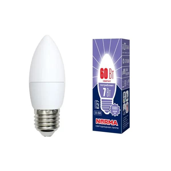 Лампа светодиодная LED-C37-9W/DW/E27/FR/NR Форма свеча, матовая, Norma, дневной белый свет (6500K), картон, ТМ Volpe