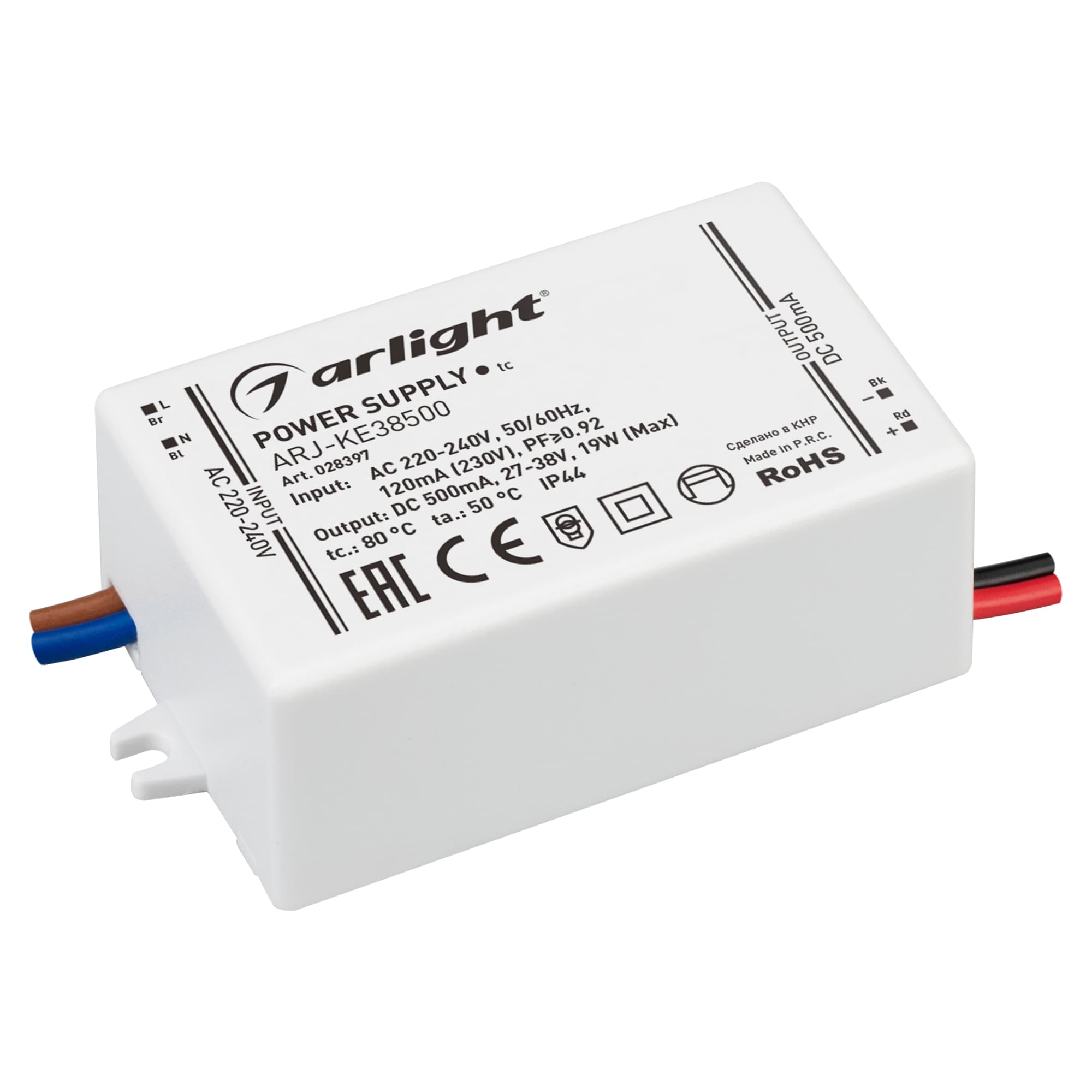 Блок питания ARJ-KE38500 (19W, 500mA, PFC) (ARL, IP44 Пластик, 5 лет)