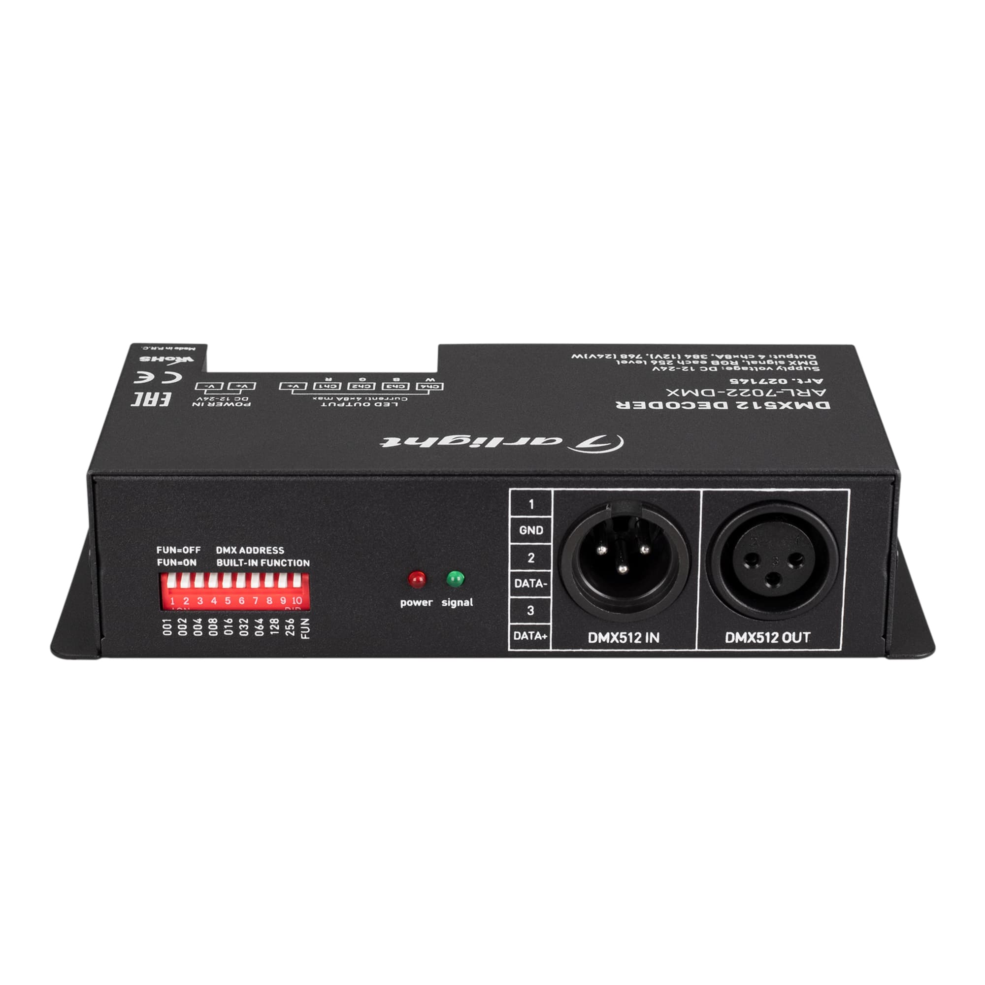 Декодер ARL-7022-DMX 12-24V, 4x8 A, DMX512, XLR3 ARL, IP20, металл, 2 года