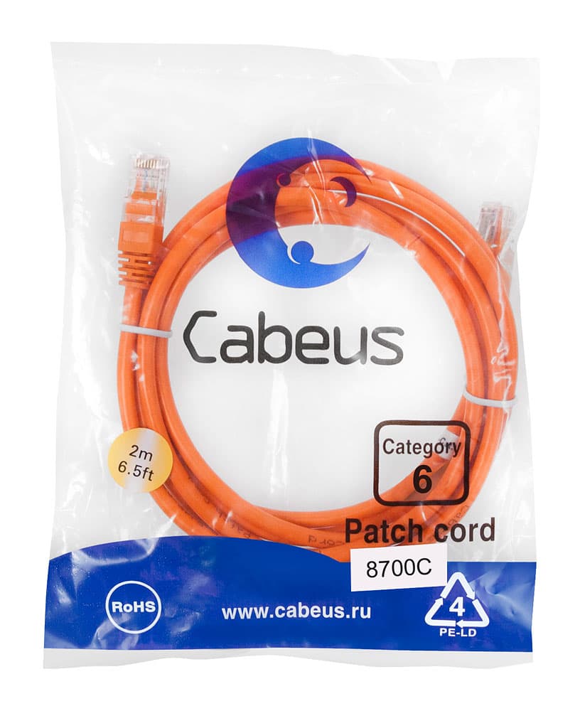 Патч-корд U/UTP, категория 6, 2xRJ45/8p8c, неэкранированный, оранжевый, PVC, 2м