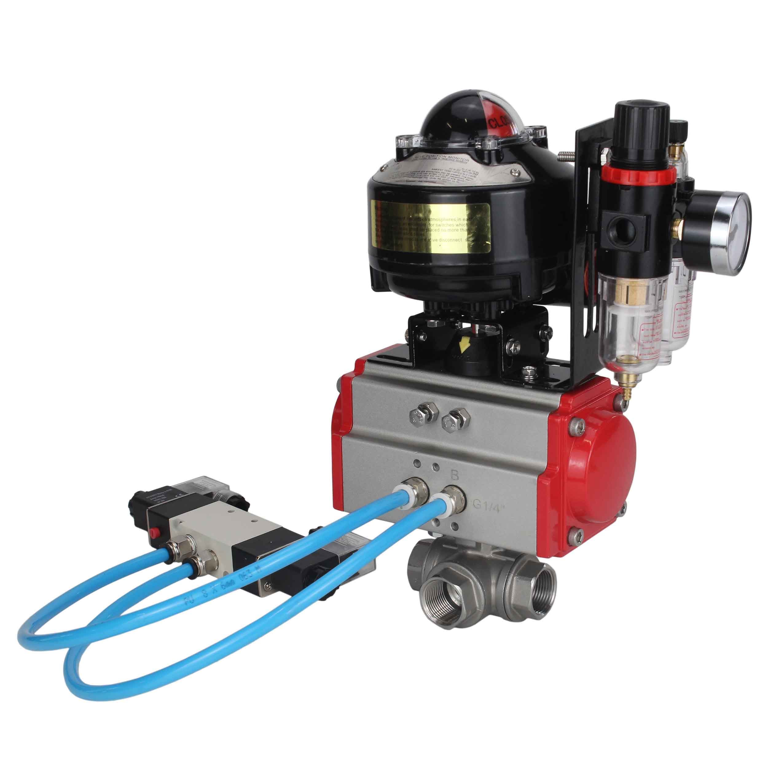 Кран шаровой RP.SS316.200.MM 1 1/4'' Ду32 Ру63 стандартнопроходной трехходовой L-тип, нержавеющая сталь, внутренняя резьба, PTFE, пневмопривод SA-065 пневмораспределитель PND1-S2EM-52-2-T10-220VAC БПВ APU1-10-40-V08 БКВ LSB-510-02ExM12-250
