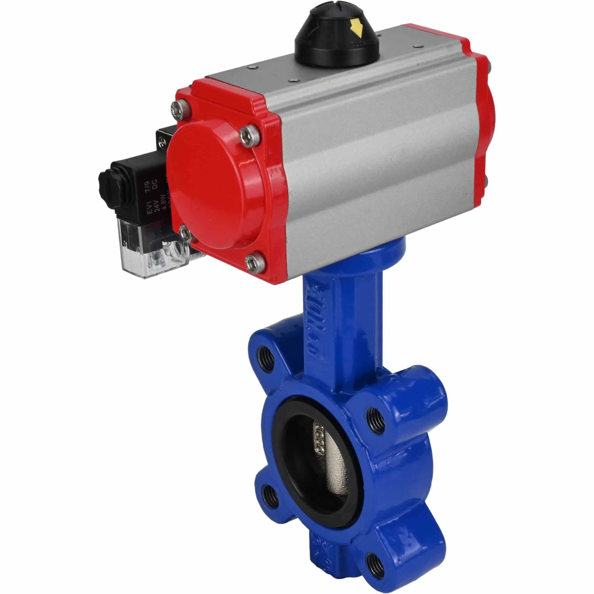 Затвор дисковый поворотный QT450-QT450-EPDM-2W-Fb-H Ду80 Ру16 корпус чугун QT450, диск чугун QT450, уплотнение EPDM, с пневмоприводом SA-105 и пневмораспределителем PND2-S1EM-52-1NC-J08-220VAC
