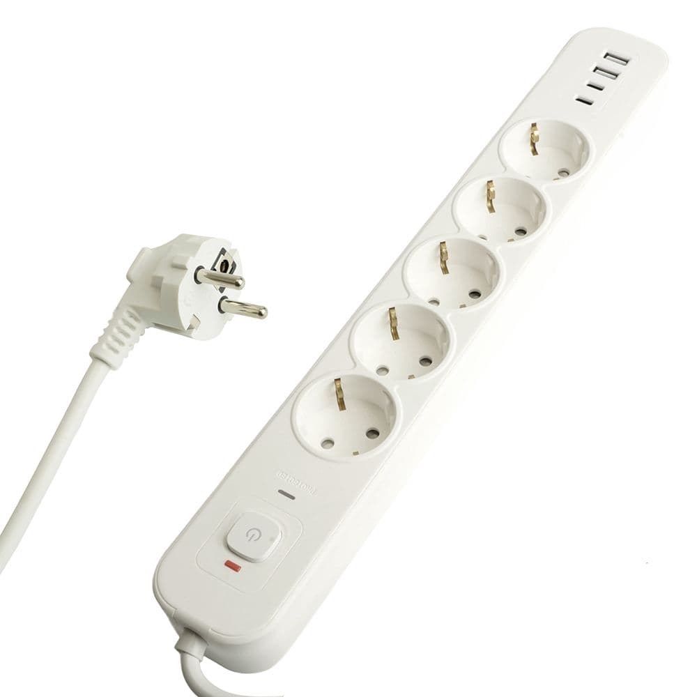 Фильтр сетевой 5-местный с/з 3x1 мм2 3 м 250 В 16 А 2 USB-A+2 Type-C 3 белый HM21-51-03
