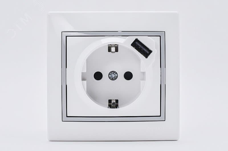 Розетка Мира с/з 16A с USB 2.1A скрытой установки белая с серой вставкой