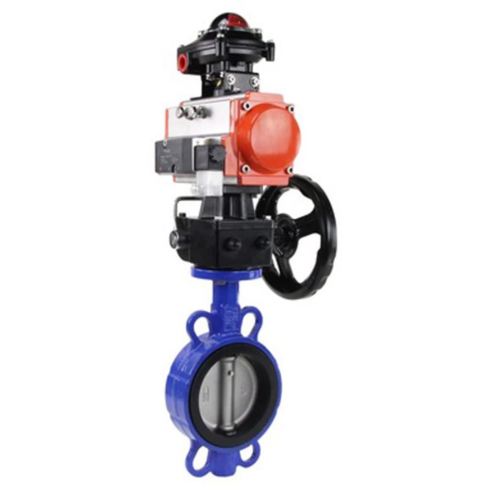 Затвор дисковый поворотный 316L-316L-PTFE Ду40 Ру16, корпус и диск нержавеющая сталь 316L, уплотнение PTFE, пневмопривод DA-083, пневмораспределитель PND2-S1EM-52-1NC-J08-220VAC, с БКВ LSB-510-02ExM12-250, с ручным дублером HDM-1