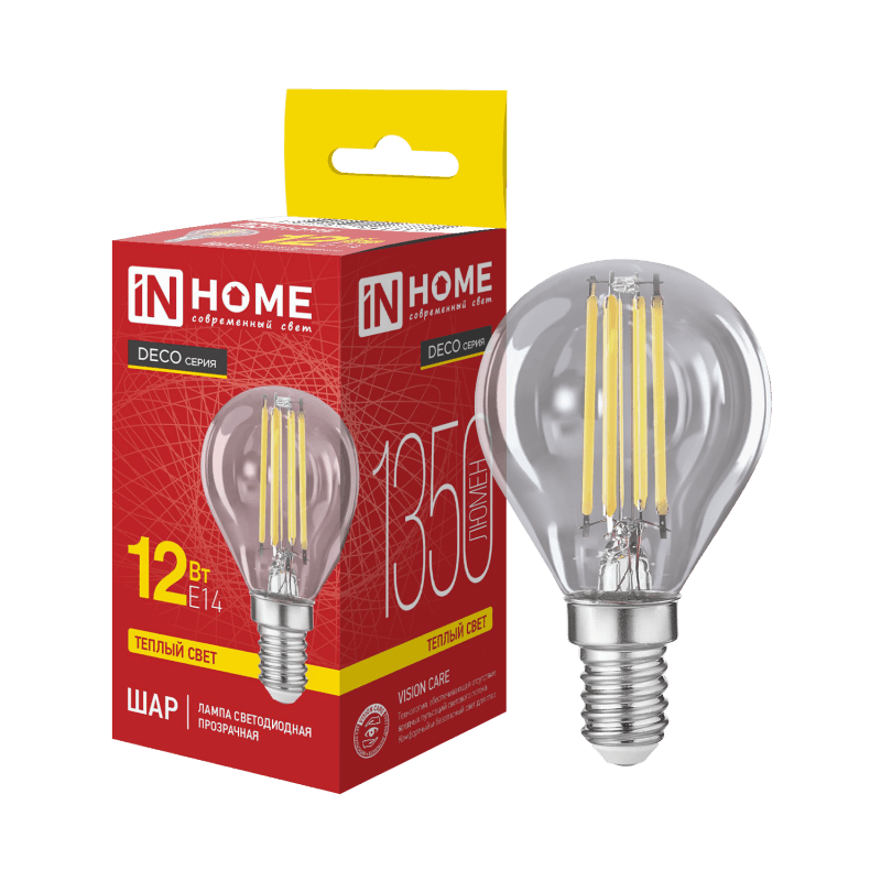 Лампа светодиодная LED-ШАР-deco 12Вт 230В Е14 3000К 1350Лм прозрачная IN HOME