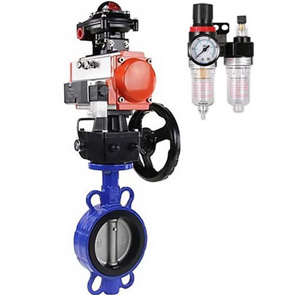 Затвор дисковый QT450-304-NBR-2W-Fb-H Ду50 Ру16 чугун QT450, диск нержавеющая сталь 304, уплотнение NBR, пневмопривод DA-065, пневмораспределитель PND2-S1EM-52-1NC-J08-24VDC, БКВ LSB-510-02ExM12-250, редуктор HDM-1 и БПВ APU1-10-40-V08