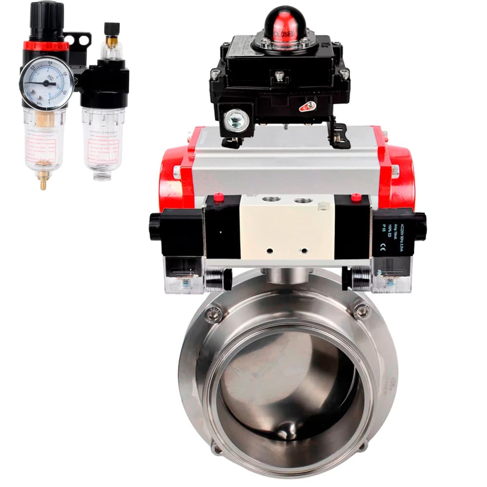 Затвор дисковый поворотный кламповый 304-304-Sil-2W-C-H Ду25 Ру10 корпус пищевая нержавеющая сталь 304, уплотнение – Silicon, пневмопривод DA-052, пневмораспределитель PND1-S2EM-52-2-T08-220VAC, БКВ LSB-410-02ExM12-250 и БПВ APU1-10-40-V08