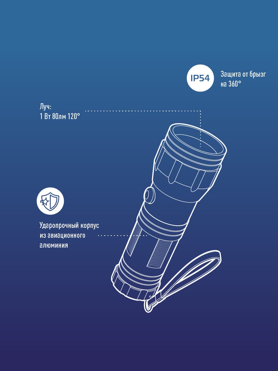 Фонарь ручной 1Вт LED, 3xAAА, корпус алюминий, ремешок ручной