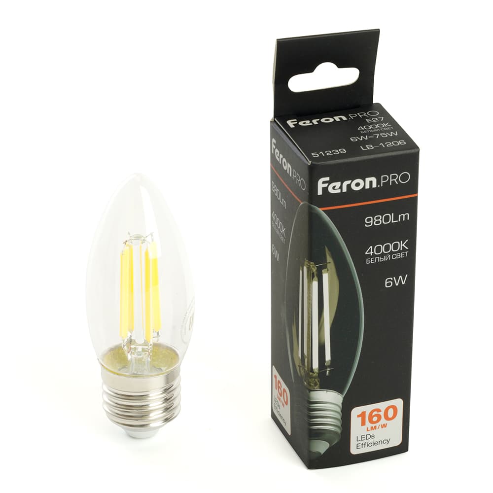 Лампа светодиодная LED 6вт Е27 белый свеча FILAMENT .PRO