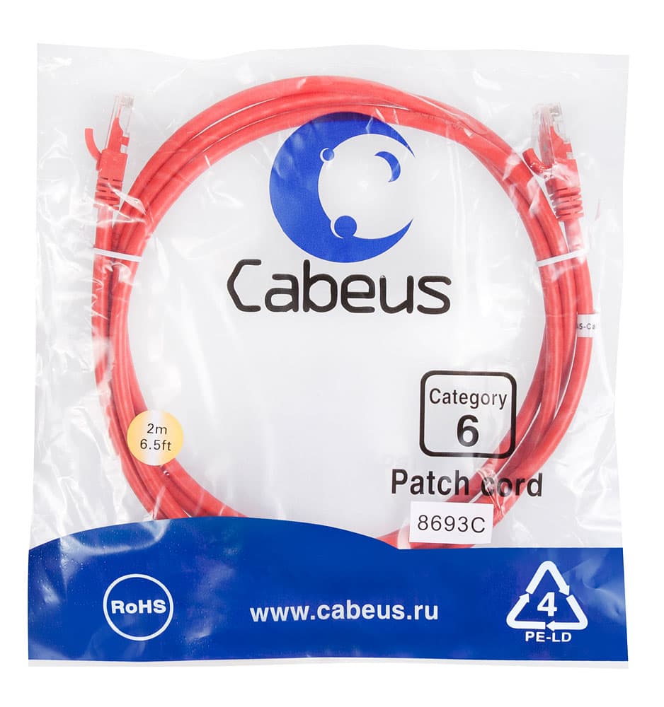 Патч-корд U/UTP, категория 6, 2xRJ45/8p8c, неэкранированный, красный, PVC, 2м