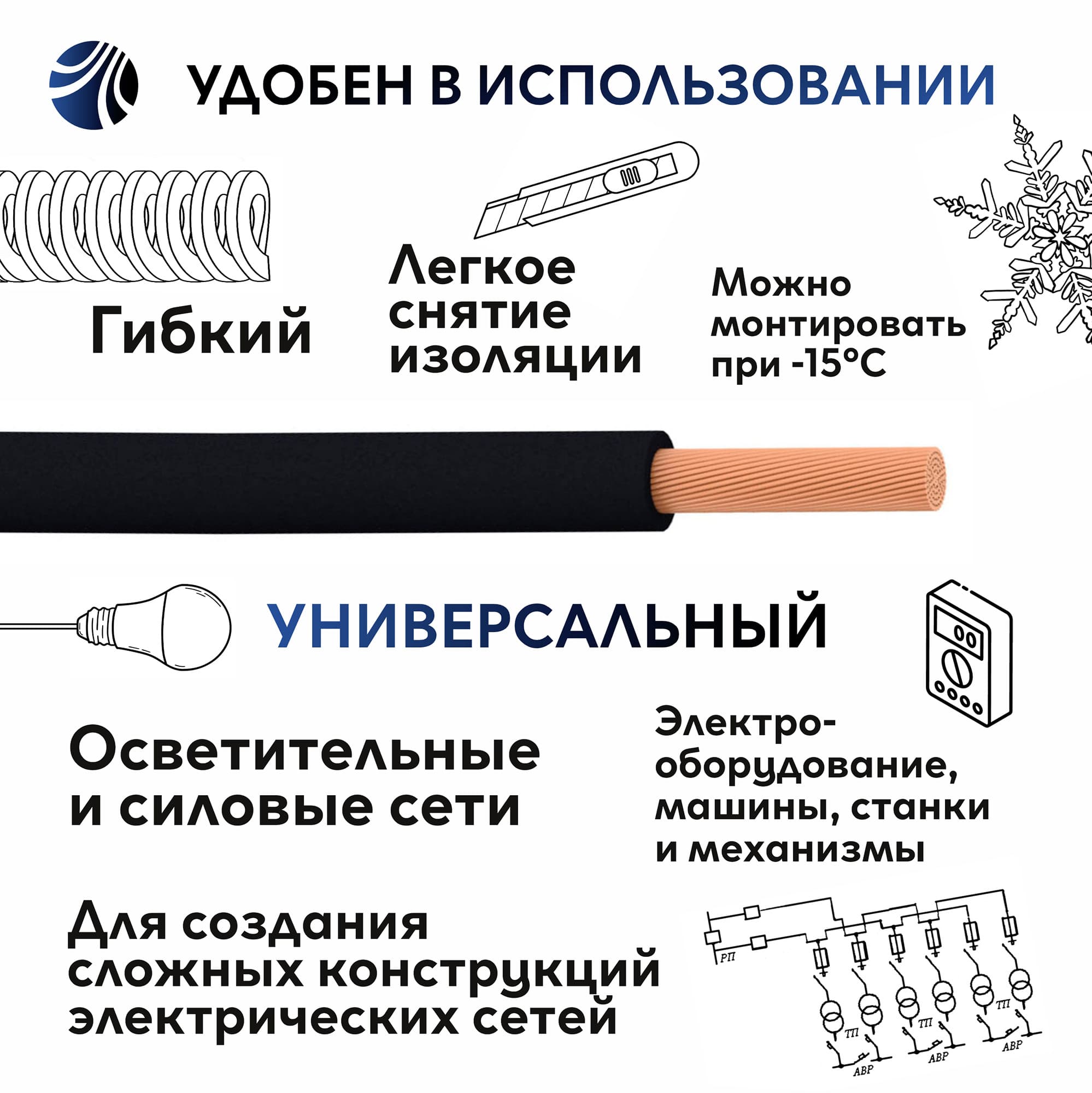 Провод силовой ПУГВ 1х0.5черный ТРТС