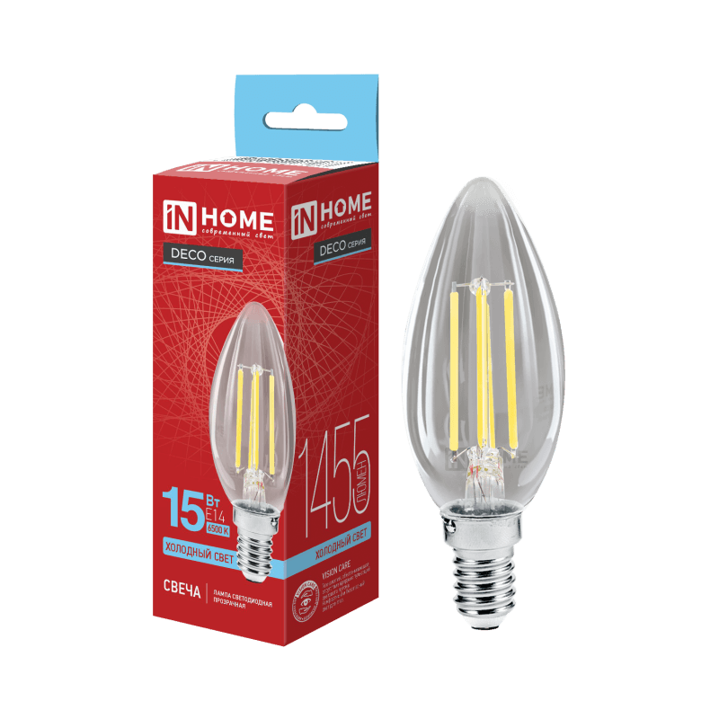 Лампа светодиодная LED СВЕЧА deco 15 Вт 230 В Е14 6500 К 1455 Лм прозрачная