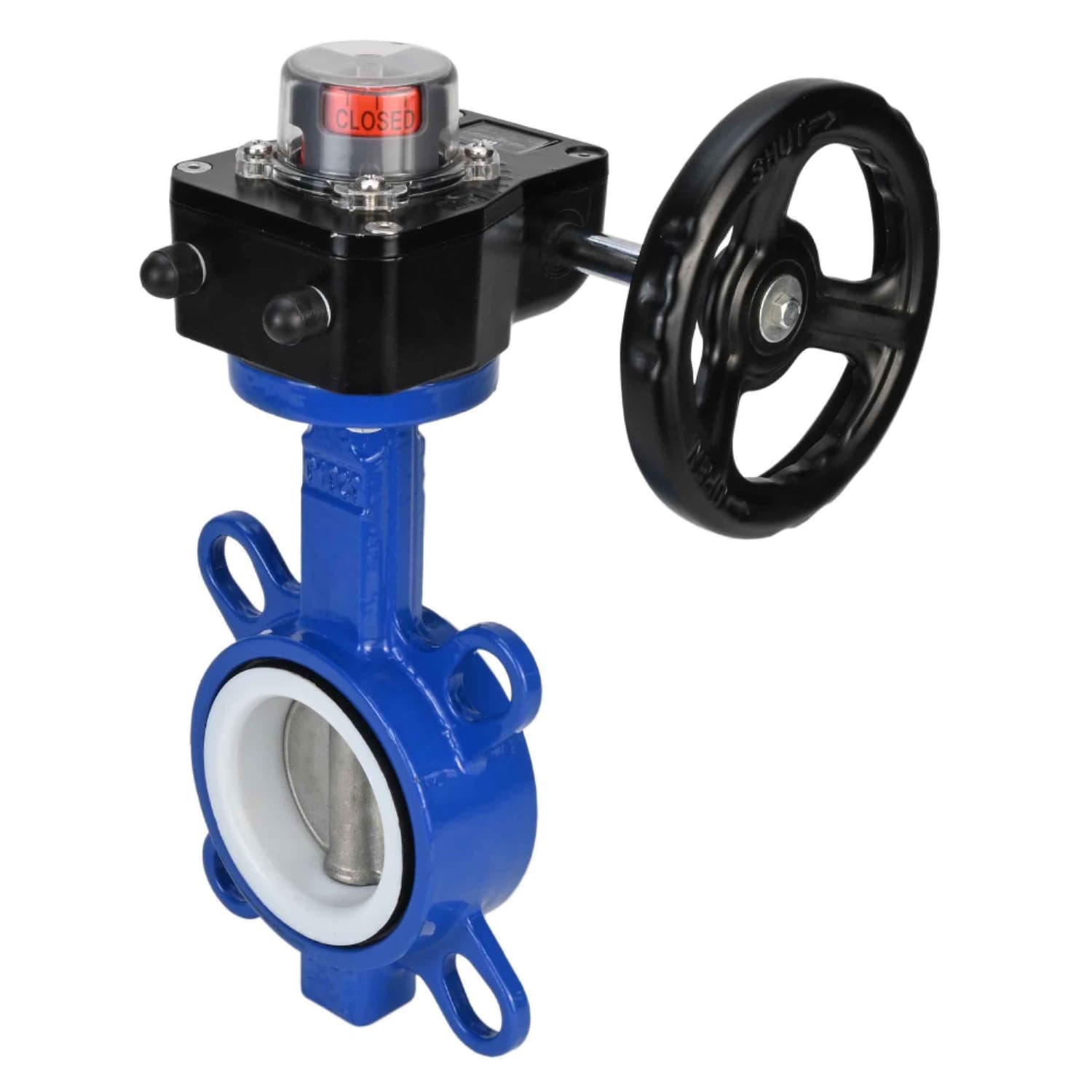 Затвор дисковый поворотный WCB-316L-PTFE Ду150 Ру16 корпус углеродистая сталь WCB, диск нержавеющая сталь 316L, уплотнение PTFE, с редуктором HGB-2 с индикатором положения