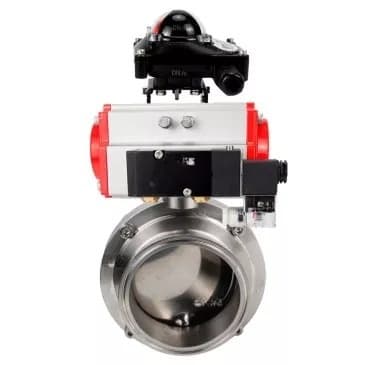 Затвор дисковый поворотный 304-304-EPDM-2W-T-H Ду40 Ру10 пищевая нержавеющая сталь 304, уплотнение EPDM, с пневмоприводом DA-065, пневмораспределителем PND2-S1EM-52-1NC-J08-220VAC и БКВ LSB-210-02NM12-220/24