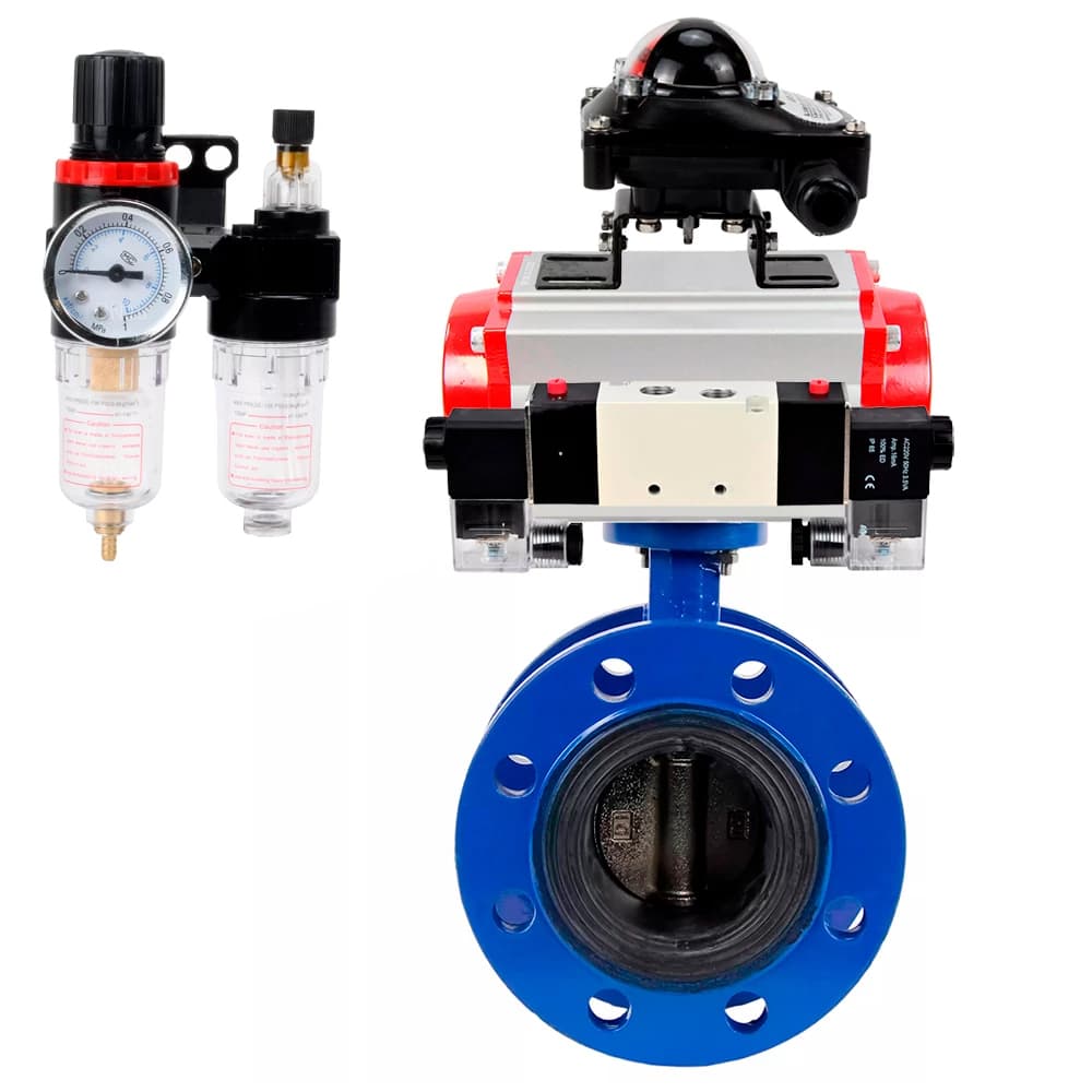 Затвор дисковый поворотный GGG40-304-EPDM-2W-F-H Ду65 Ру16 чугун GGG40, диск нержавеющая сталь 304, уплотнение EPDM, пневмопривод DA-105, пневмораспределитель PND1-S2EM-52-2-T08-220VAC, БКВ LSB-210-02NM12-220/24 и БПВ APU1-10-40-V08