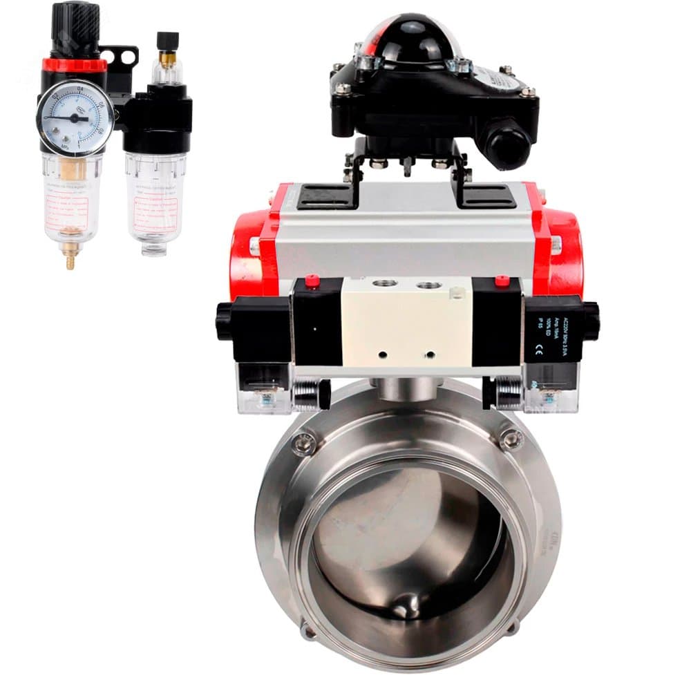 Затвор дисковый поворотный кламповый 304-304-Sil-2W-C-H Ду32 Ру10 корпус пищевая нержавеющая сталь 304, уплотнение Silicon, пневмопривод SA-065, пневмораспределителем PND1-S2EM-52-2-T08-220VAC, БКВ LSB-210-02NM12-220/24 и БПВ APU1-10-40-V08