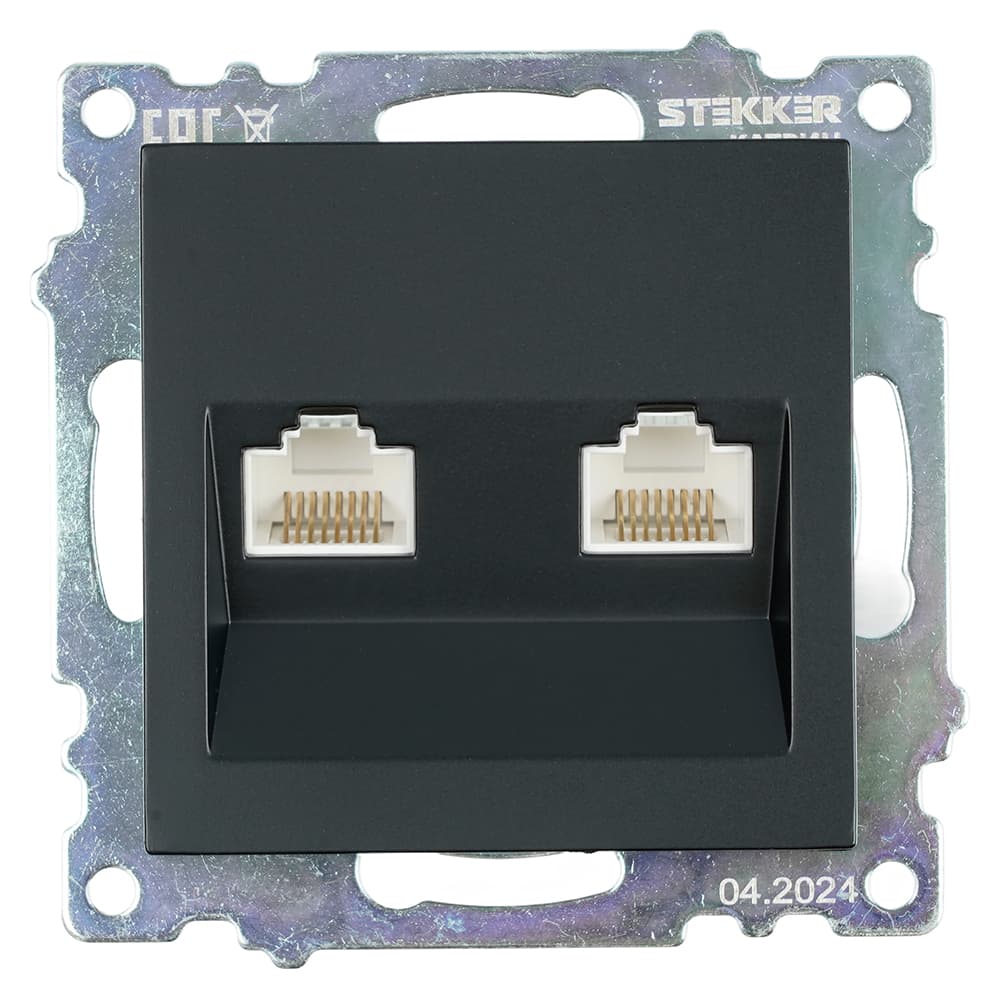Розетка компьютерная 2-местная RJ-45 (механизм) серия Катрин черный STEKKER