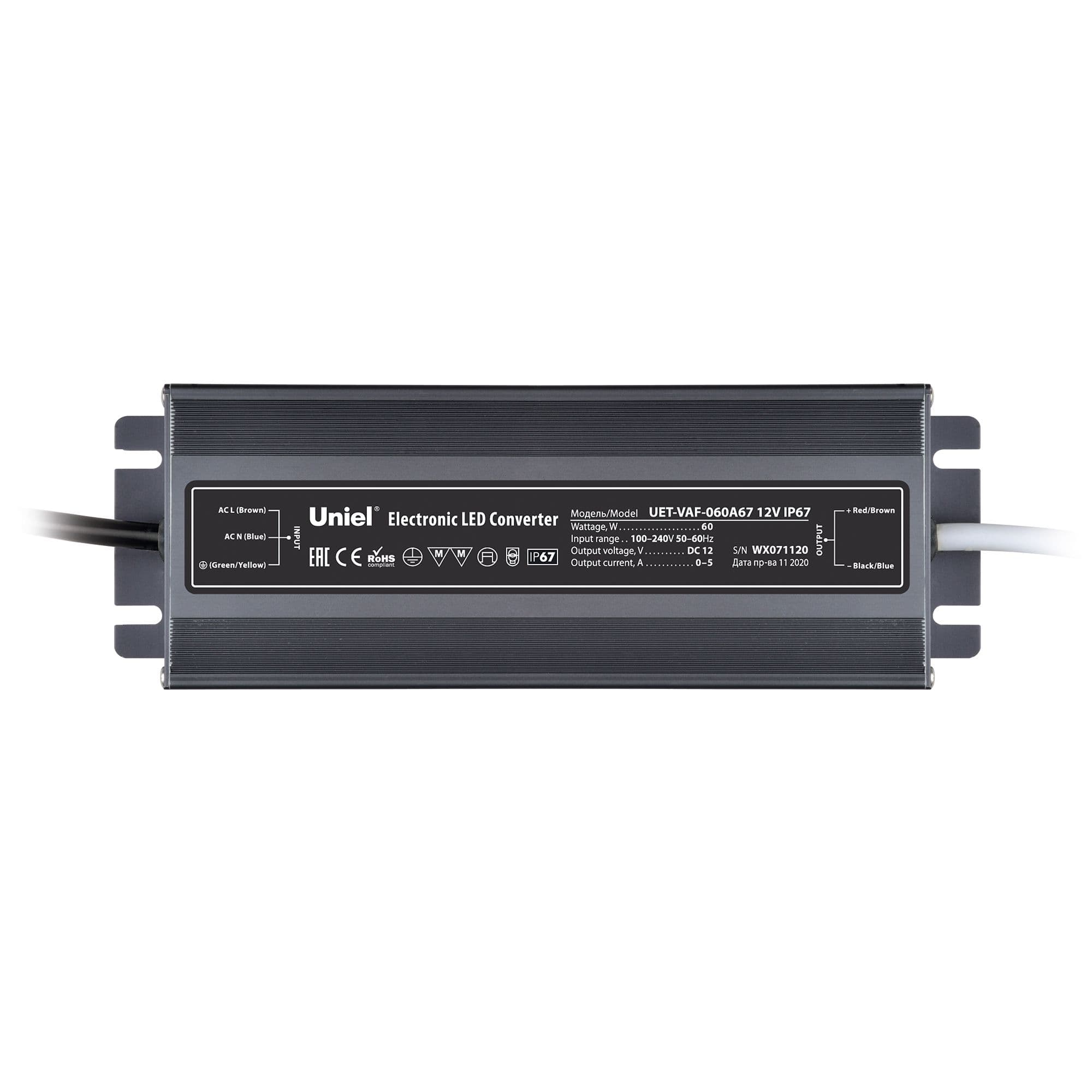 Блок питания UET-VAF-060A67 12V IP67 ультратонкий, 60Вт. Металлический корпус