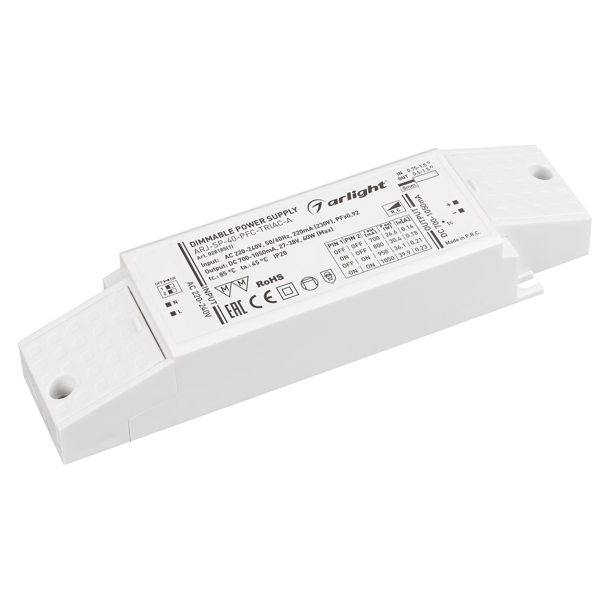 Блок питания ARJ-SP-40-PFC-TRIAC-INS (40W, 27-38V, 0.7-1.05A) ( IP20 Пластик, 5 лет)