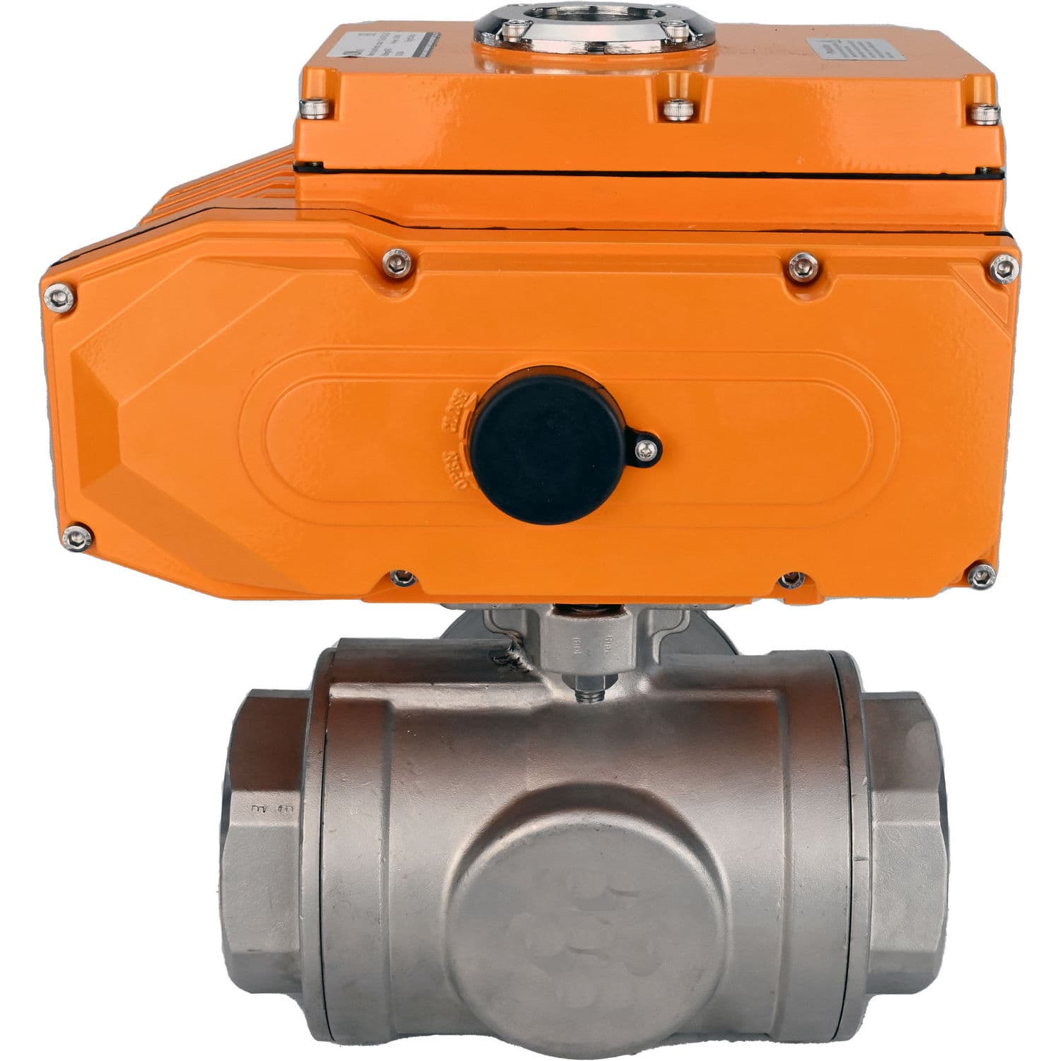 Кран шаровой RP.SS316.200.MM.020-ISO Ду20 Ру63 стандартнопроходной трехходовой L-тип, нержавеющая сталь SS316, внутренняя резьба, уплотнение PTFE, электропривод ST-005 220В