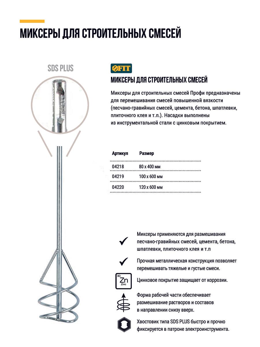 Миксер для строительных смесей оцинкованный Профи, хвостовик SDS-PLUS 80x400 мм