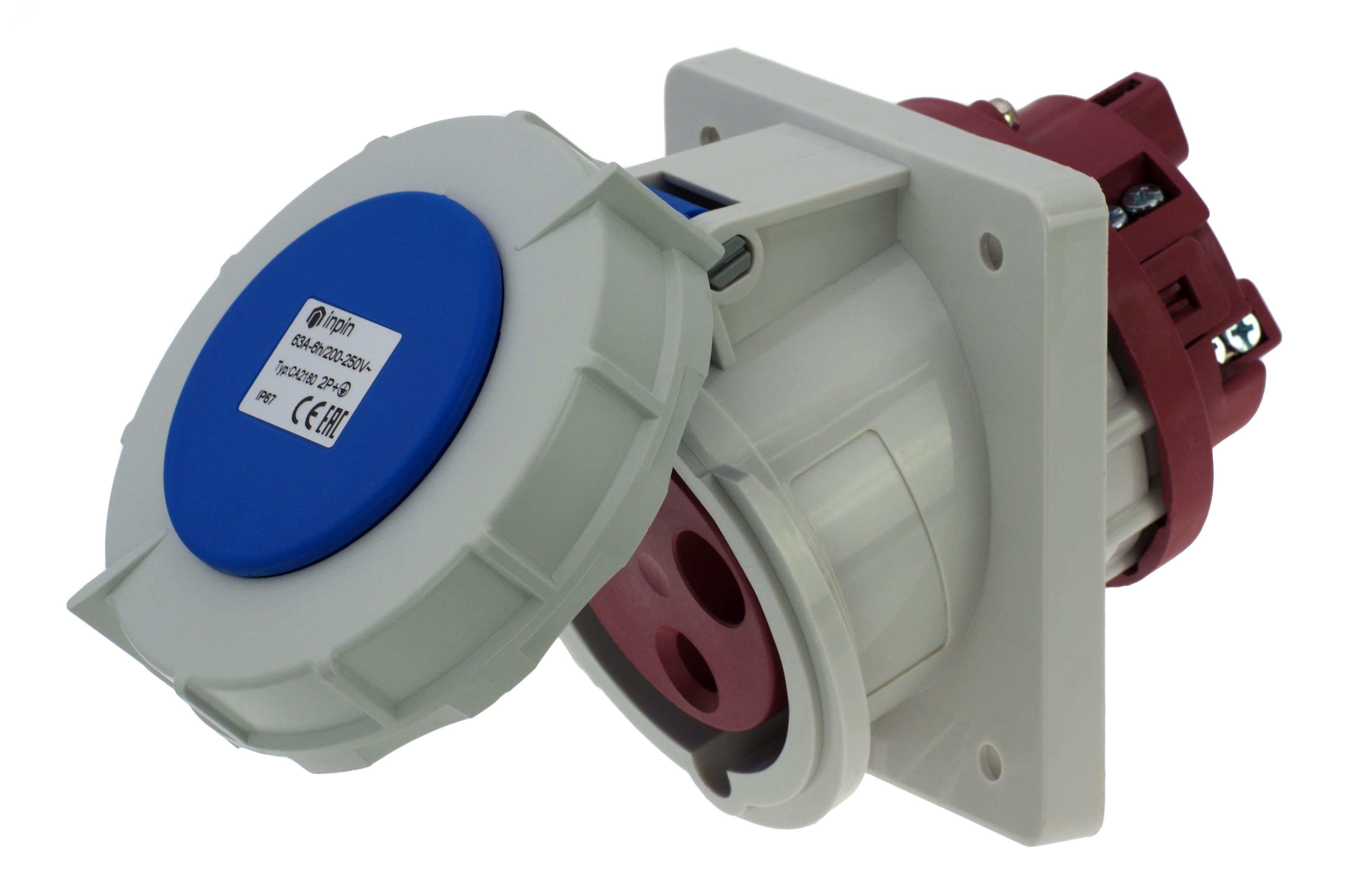 Розетка встраиваемая наклонная 63A/230V/1P+N+E/IP67, фланец 106x110