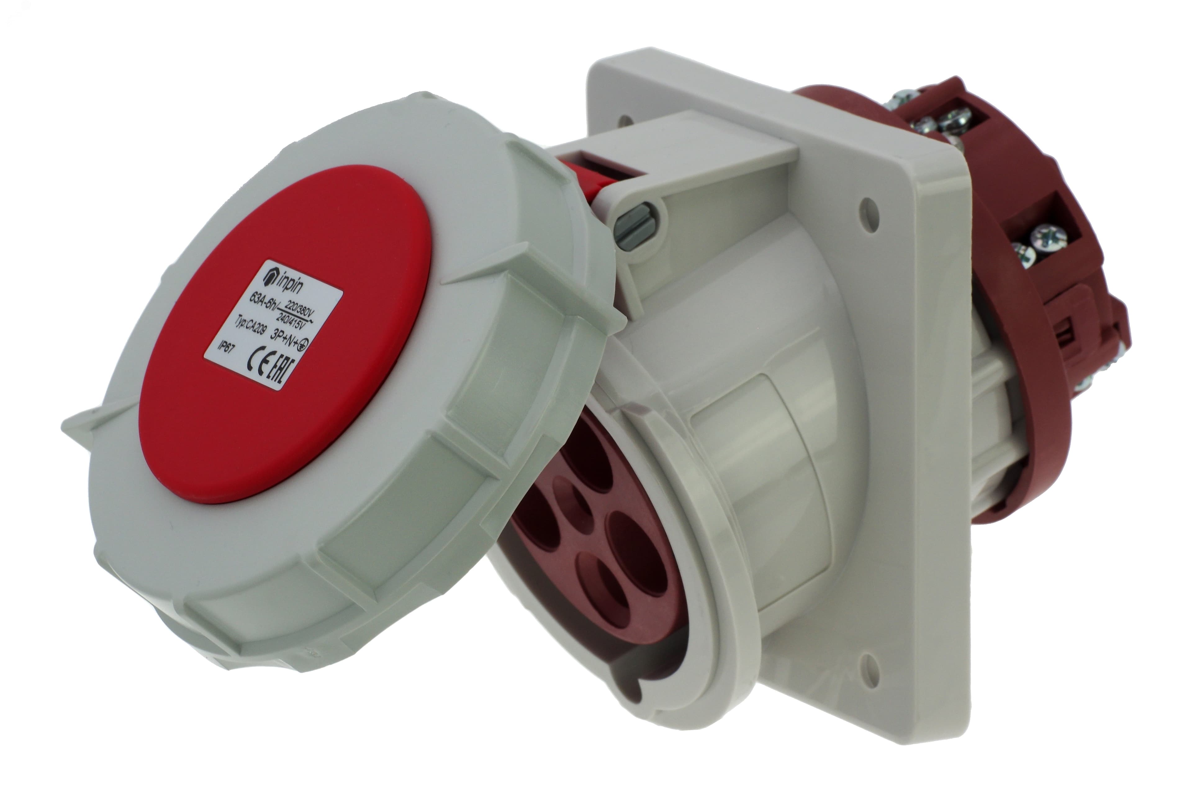 Розетка встраиваемая наклонная 63A/400V/3P+N+E/IP67, фланец 106x110