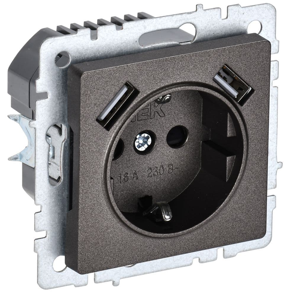 BRITE Розетка с заземлением с защитными шторками 16А с USB A+A 2,1А РЮш10-1-БрТБ бронза