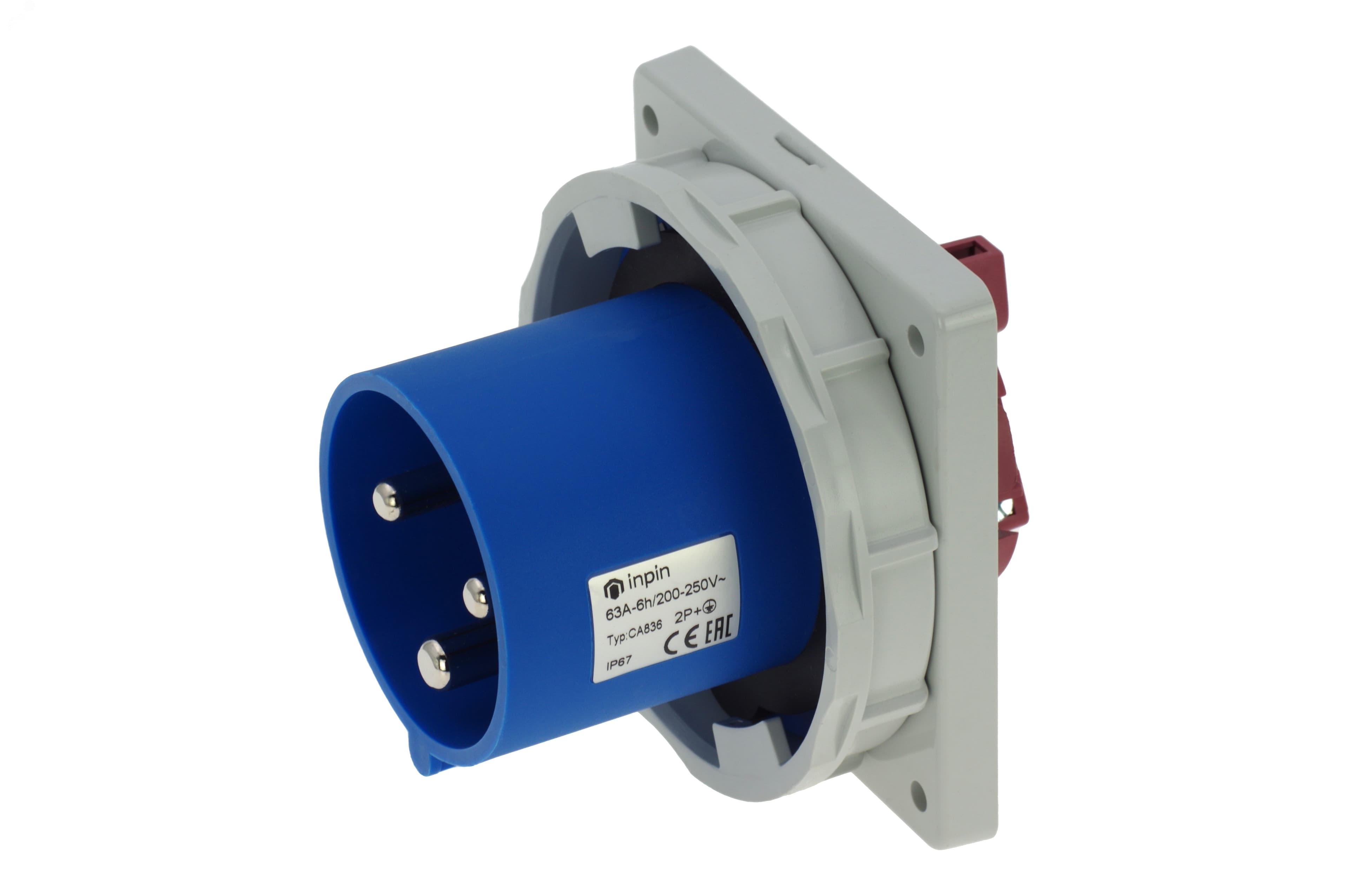 Вилка встраиваемая 63A/230V/1P+N+E/IP67, фланец 106x110