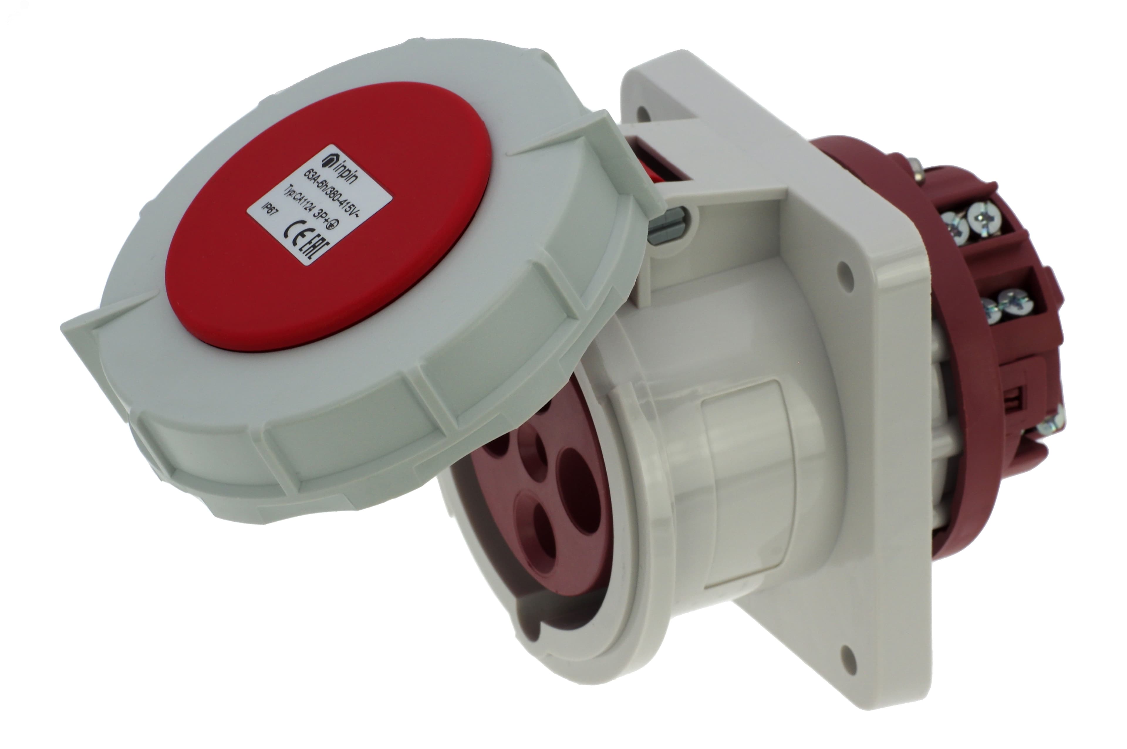 Розетка встраиваемая 63A/400V/3P+E/IP67, фланец 100x107