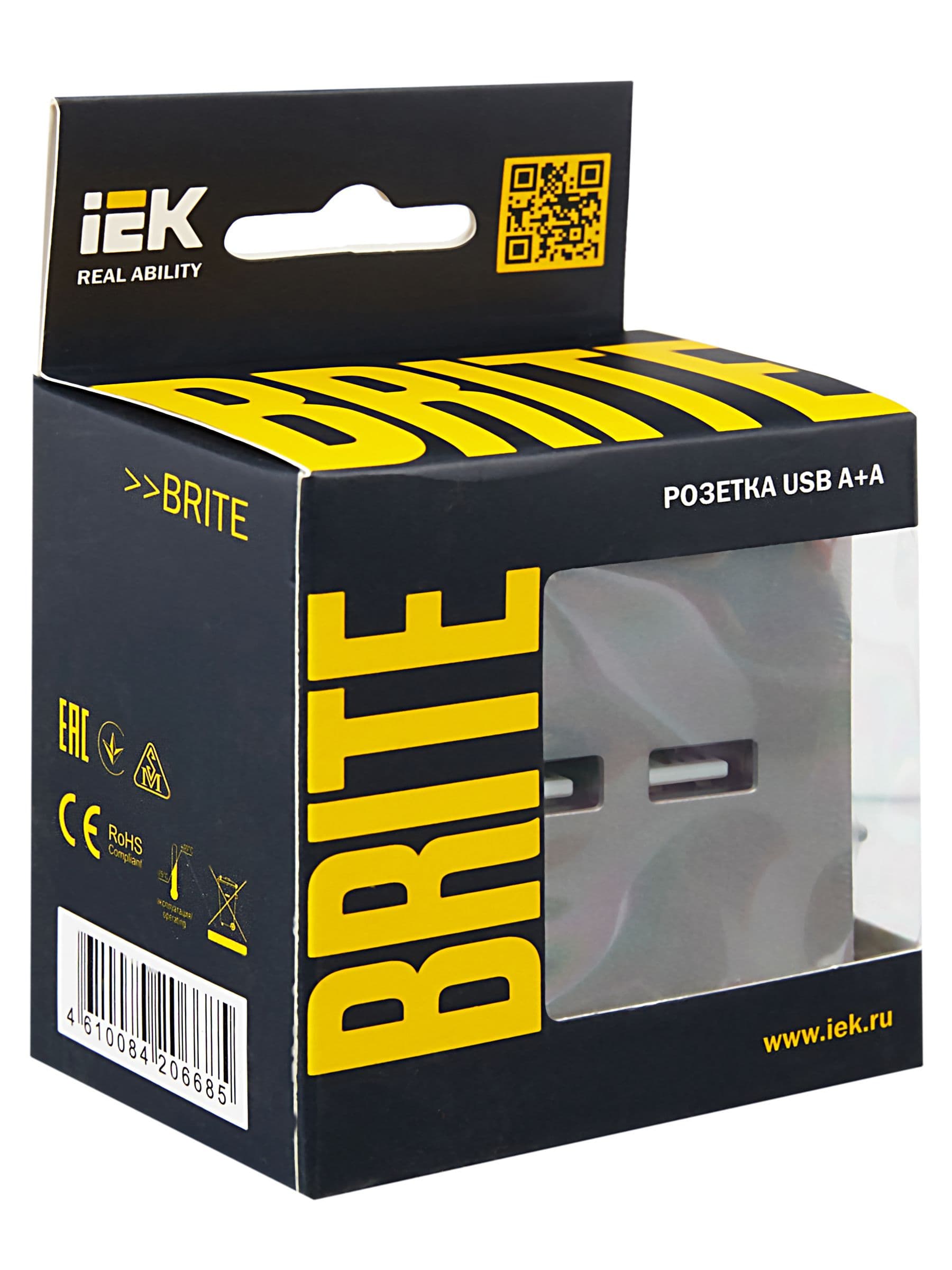 BRITE Розетка USB A+A 5В 3,1А РЮ10-1-БрС сталь