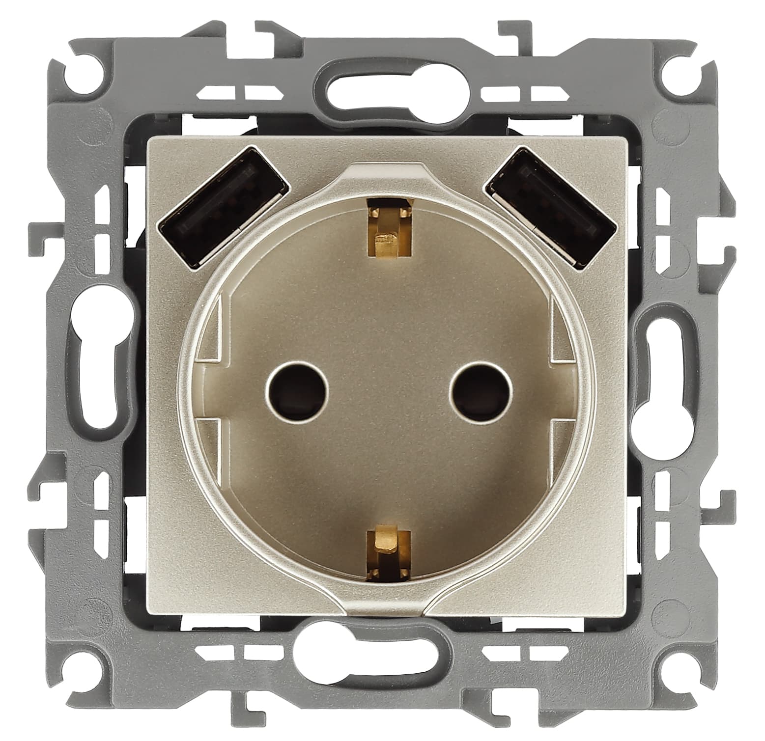 Розетка 2P+E 16A-250В, штор. с 2xUSB 5В-3А, Эра12, шампань (10/100/2000) 12-4109-04