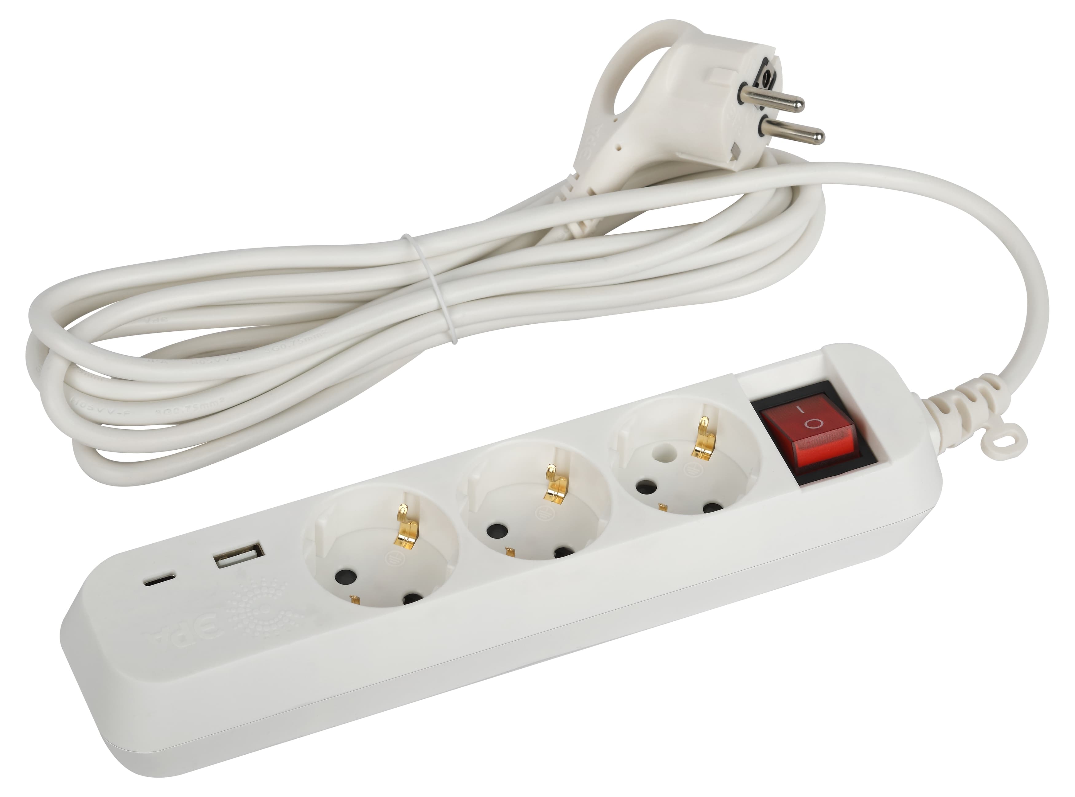 Удлинитель электрический UB-3es-3m-USB c заземлением с выключателем 3 розетки + 1xUSBA+1xUSBC 3м 10А