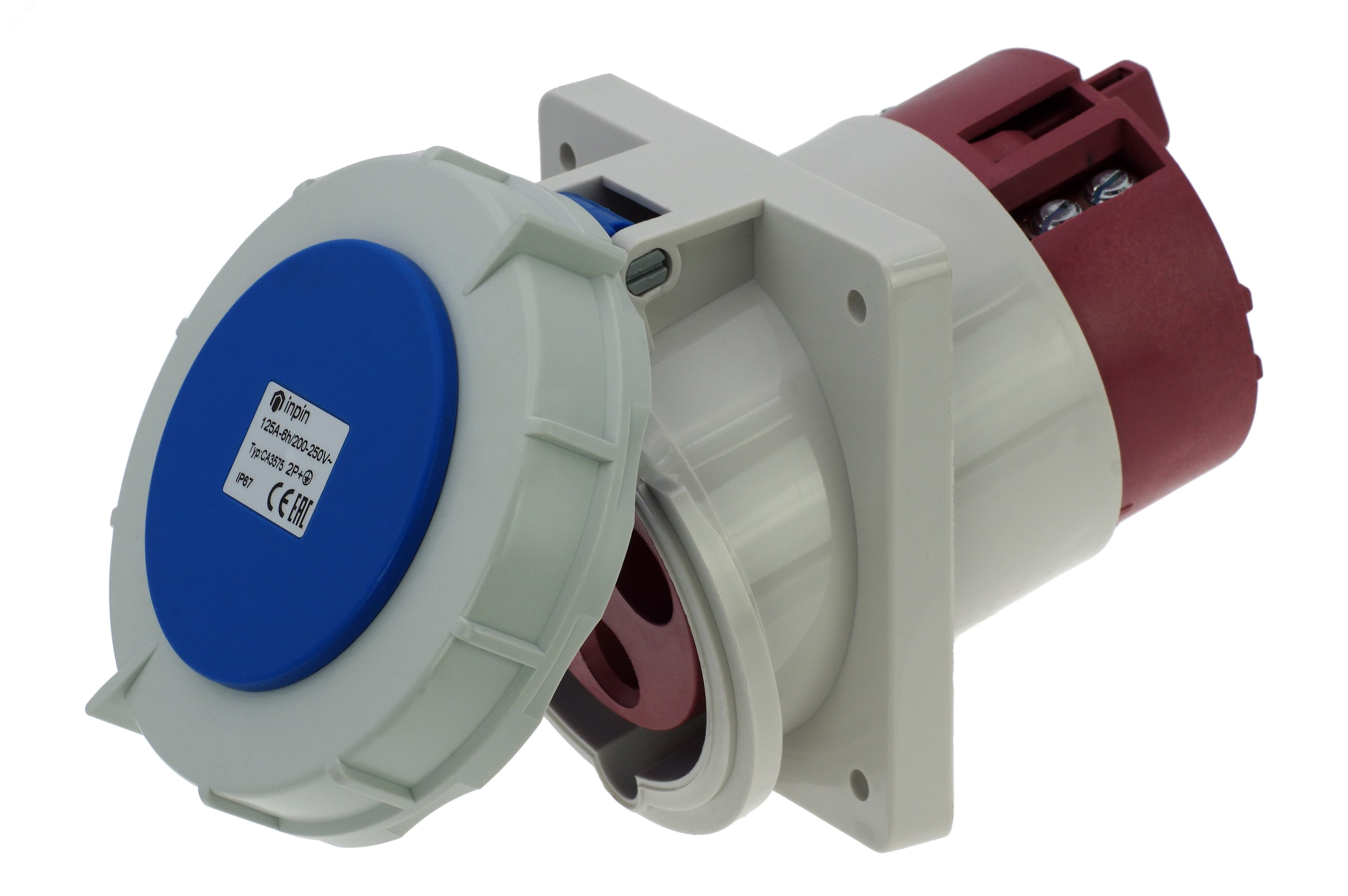 Розетка встраиваемая наклонная 125A/230V/1P+N+E/IP67, фланец 110x114
