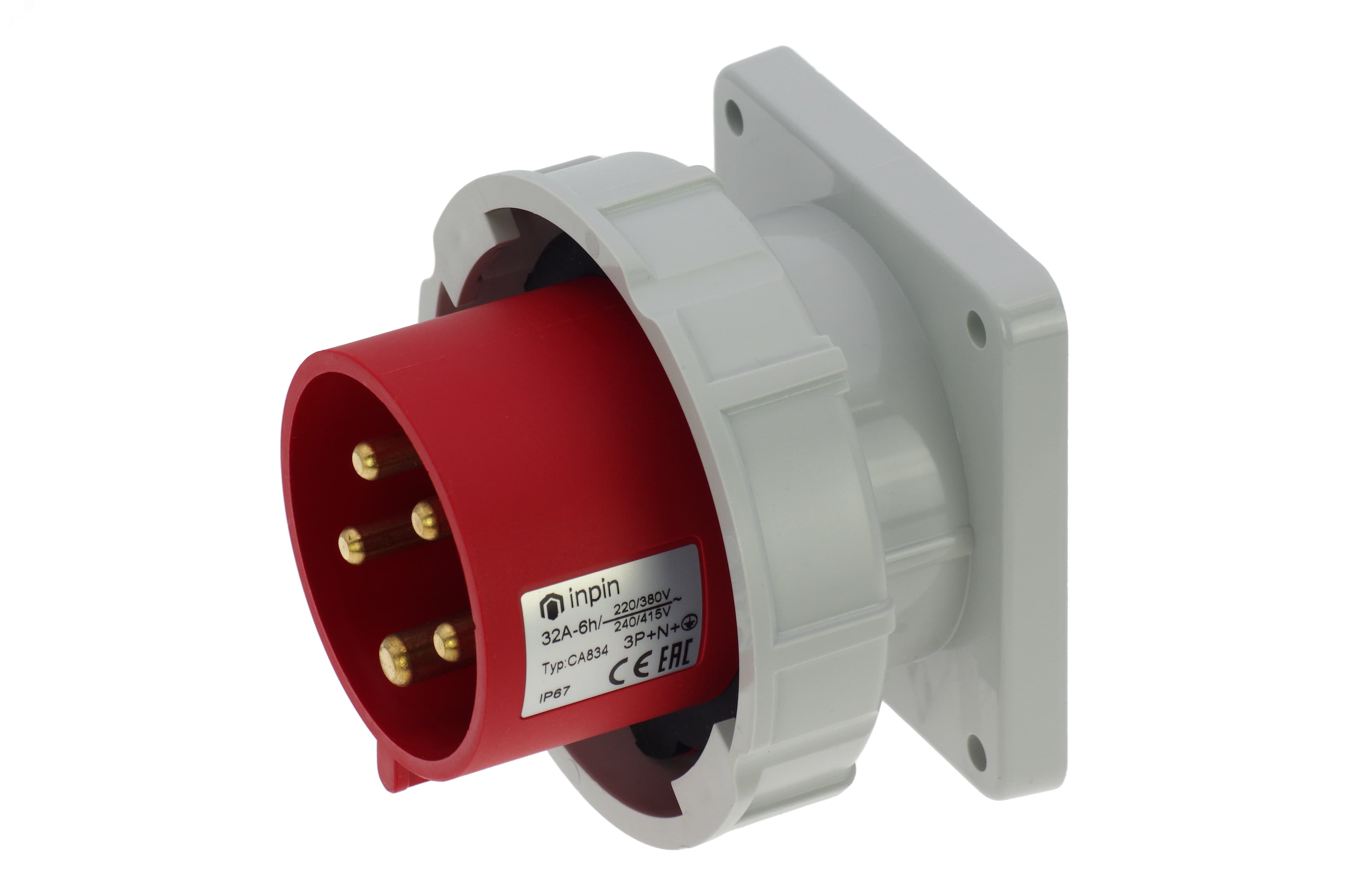 Вилка встраиваемая 32A/400V/3P+N+E/IP67, фланец 86x86