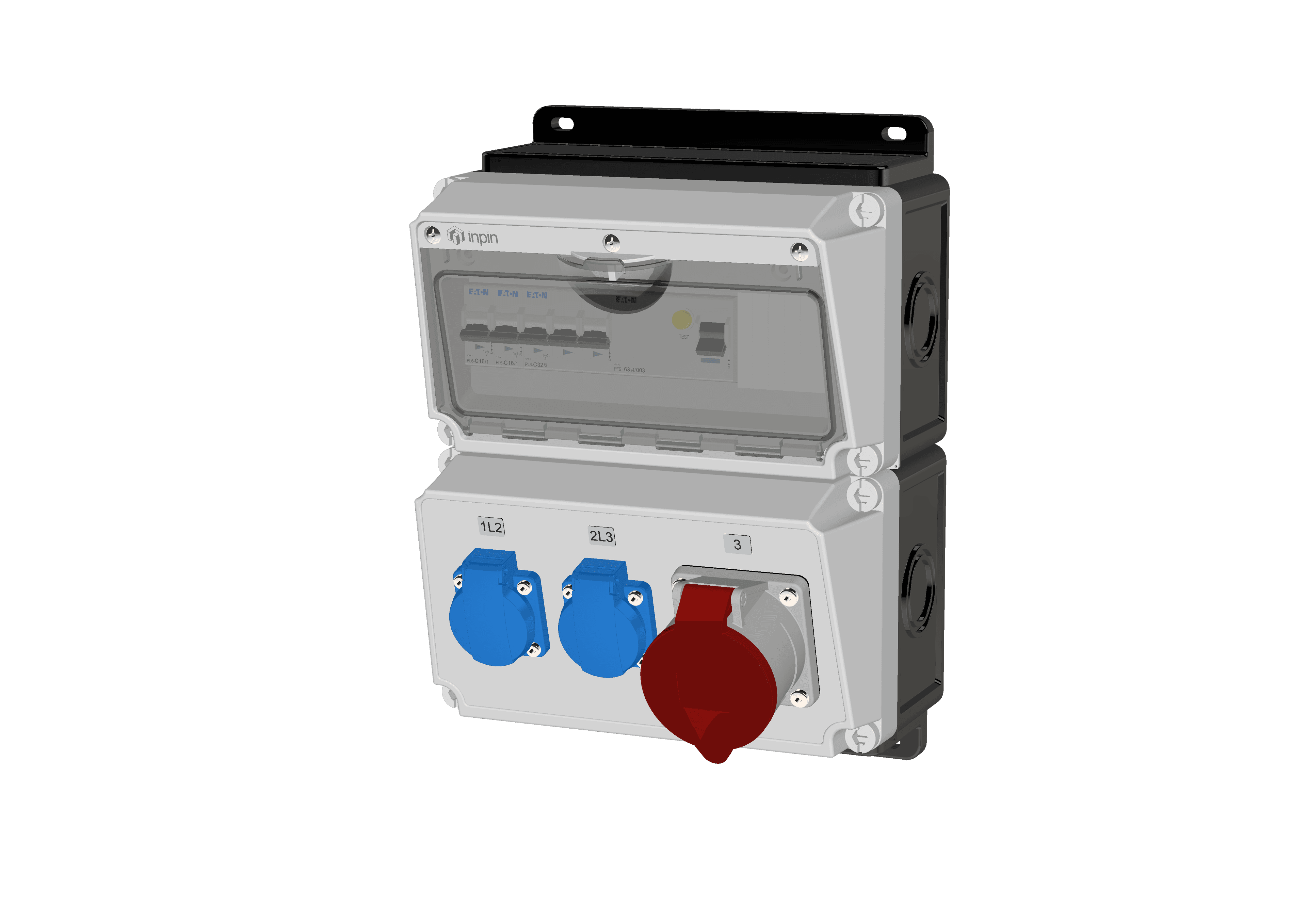 Комбинация розеток , Вход М32, клеммы, УЗО 4P/40A/30mA, 1xCEE32A5p, 2xSchuko16A, IP44.