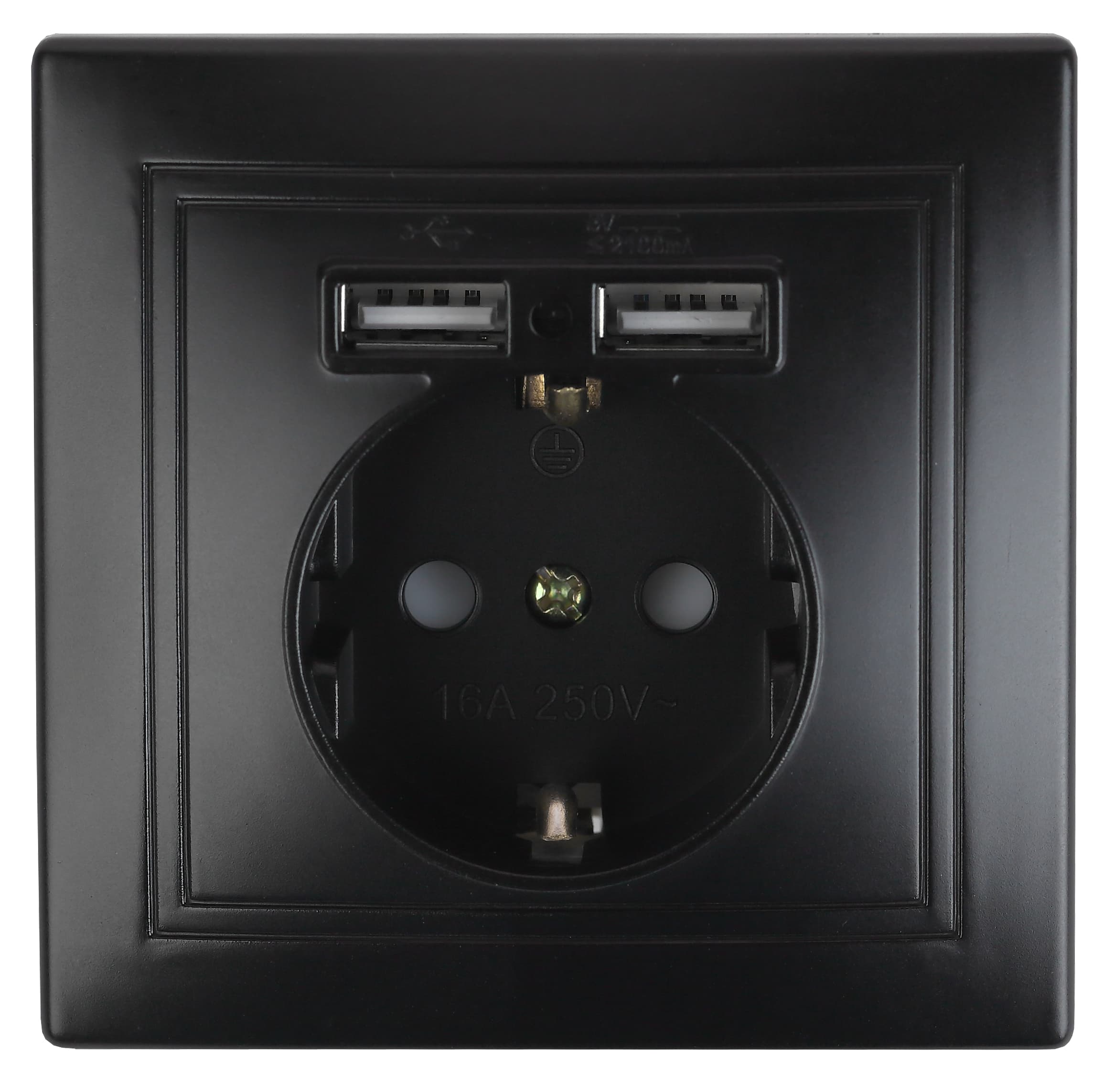 Розетка Intro Plano 1-410-05 с заземлением 2P+E Schuko со шторками, 16А-250В + 2хUSB 5В-2,1А, IP20, СУ, антрацит