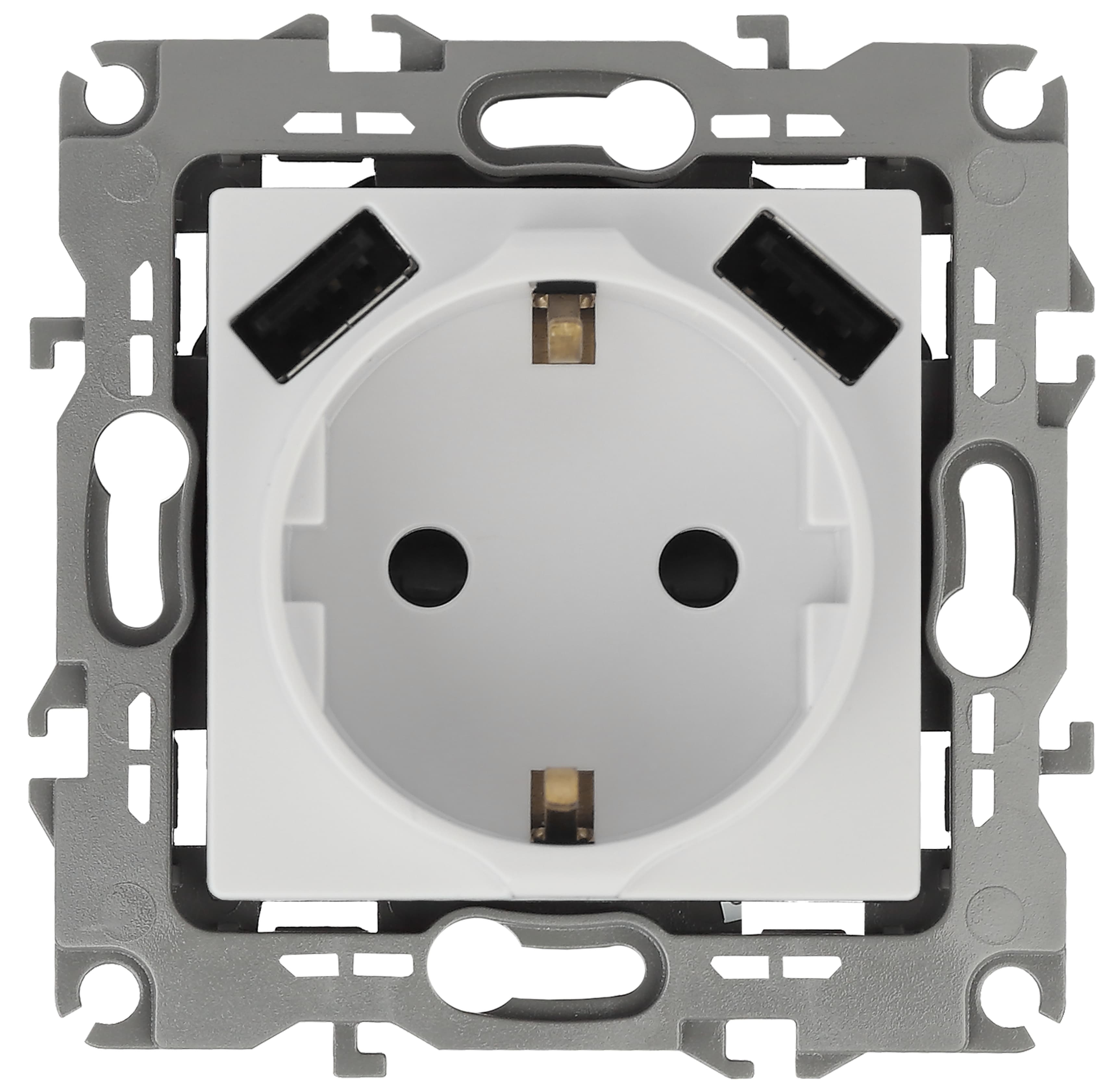 Розетка 2P+E 16A-250В, штор. с 2xUSB 5В-3А, Эра12, белый (10/100/2000) 12-4109-01