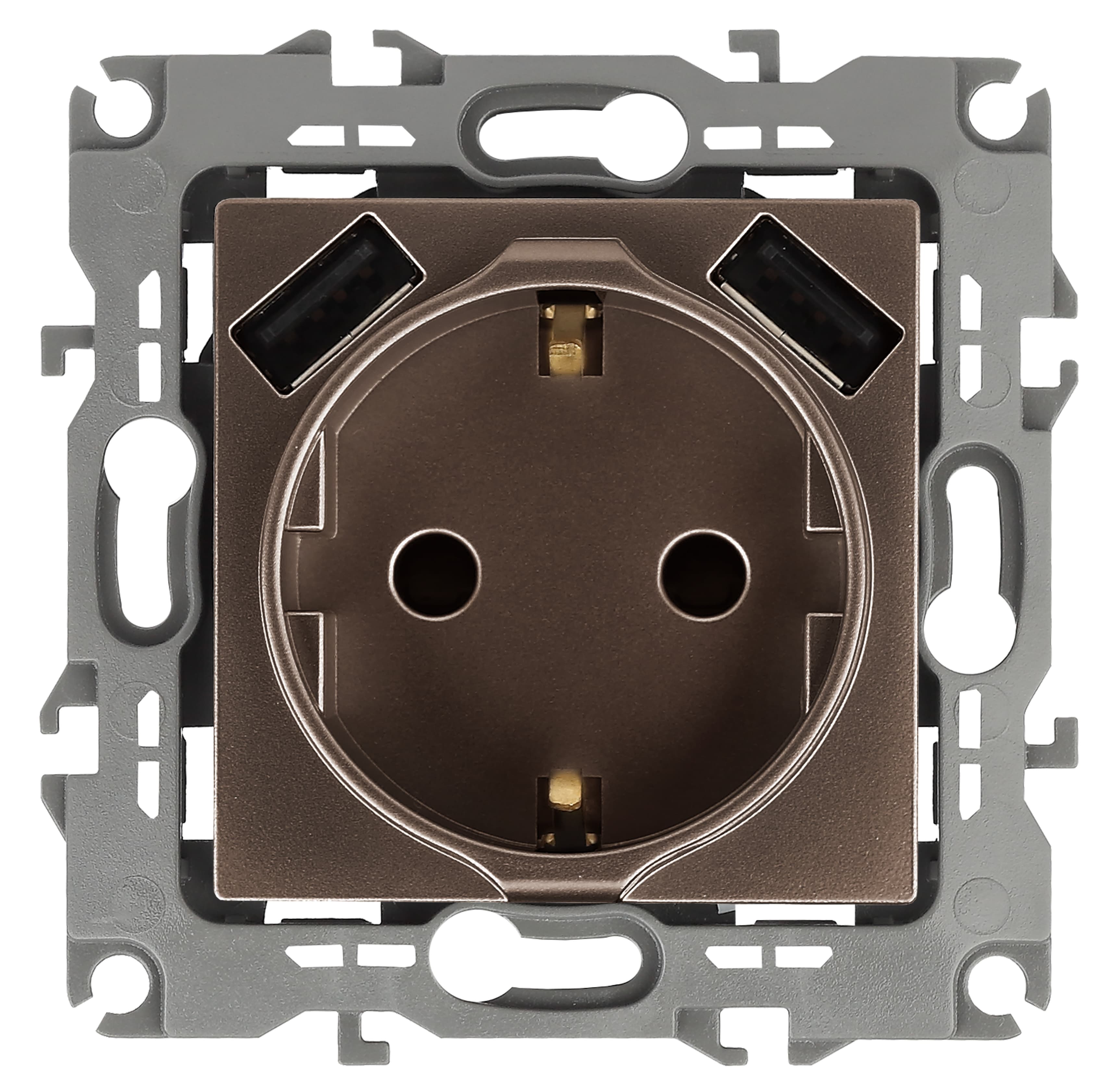 Розетка 2P+E 16A-250В, штор. с 2xUSB 5В-3А, Эра12, бронза (10/100/2000) 12-4109-13