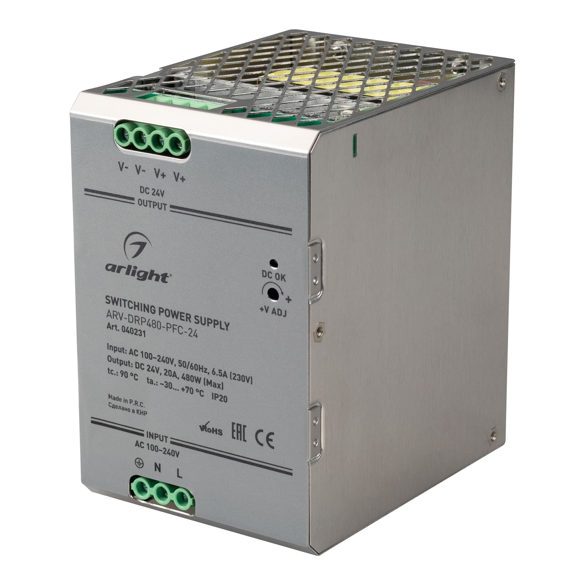 Блок питания ARV-DRP480-PFC-24 (24V, 20A, 480W) (IP20 металл, 5 лет)