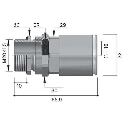 Муфта труба-коробка D=25мм с уплотнением кабеля IP68 М20х1.5 D=11 - 16мм