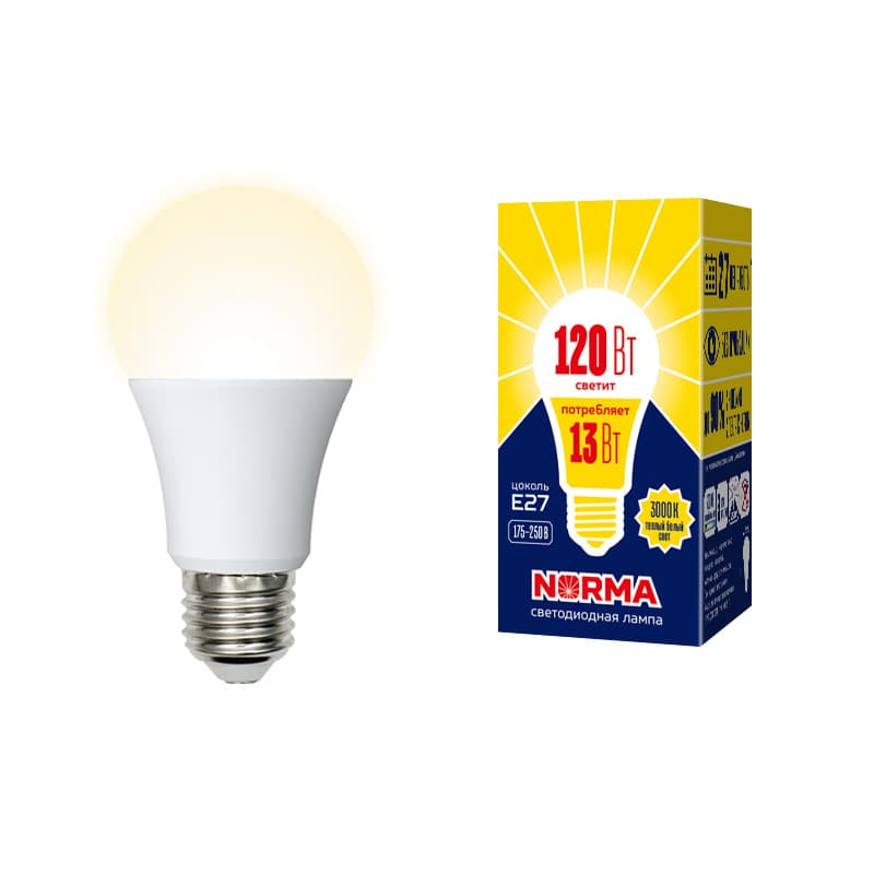 Лампа светодиодная LED-A60-13W/WW/E27/FR/NR Форма A, матовая, Norma, теплый белый свет (3000K), картон, ТМ Volpe