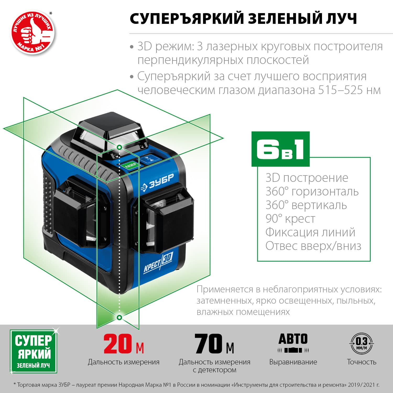 Зеленый нивелир лазерный КРЕСТ 3D