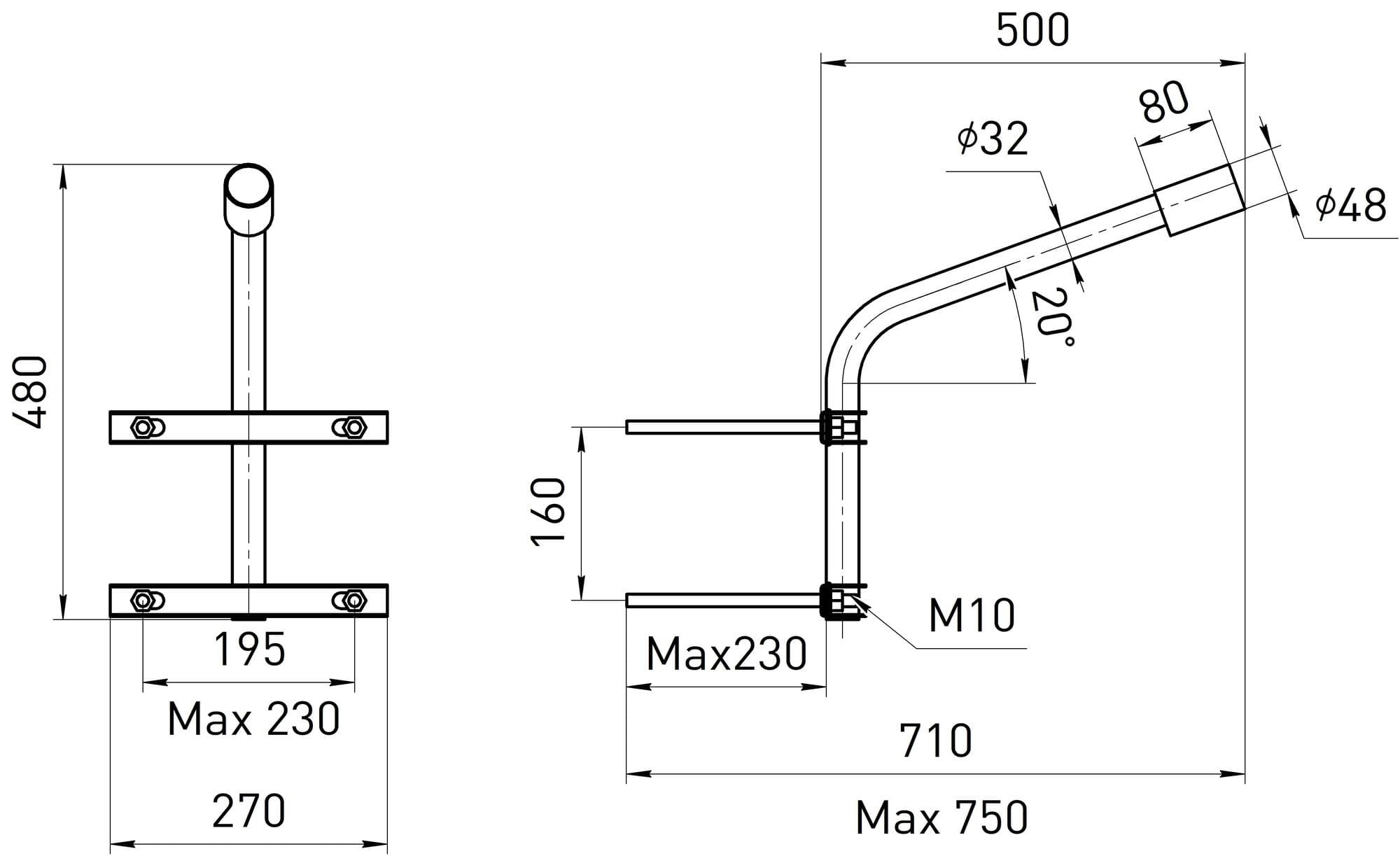 Кронштейн на опору с 2 хомутами 500mm d48mm SPP-AC4-0-500-048