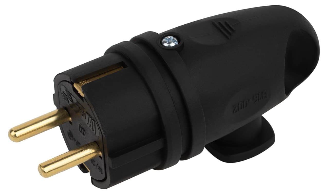 Вилка каучуковая c заземлением 16А IP44 с кольцом угловая черная VX11-B-IP44