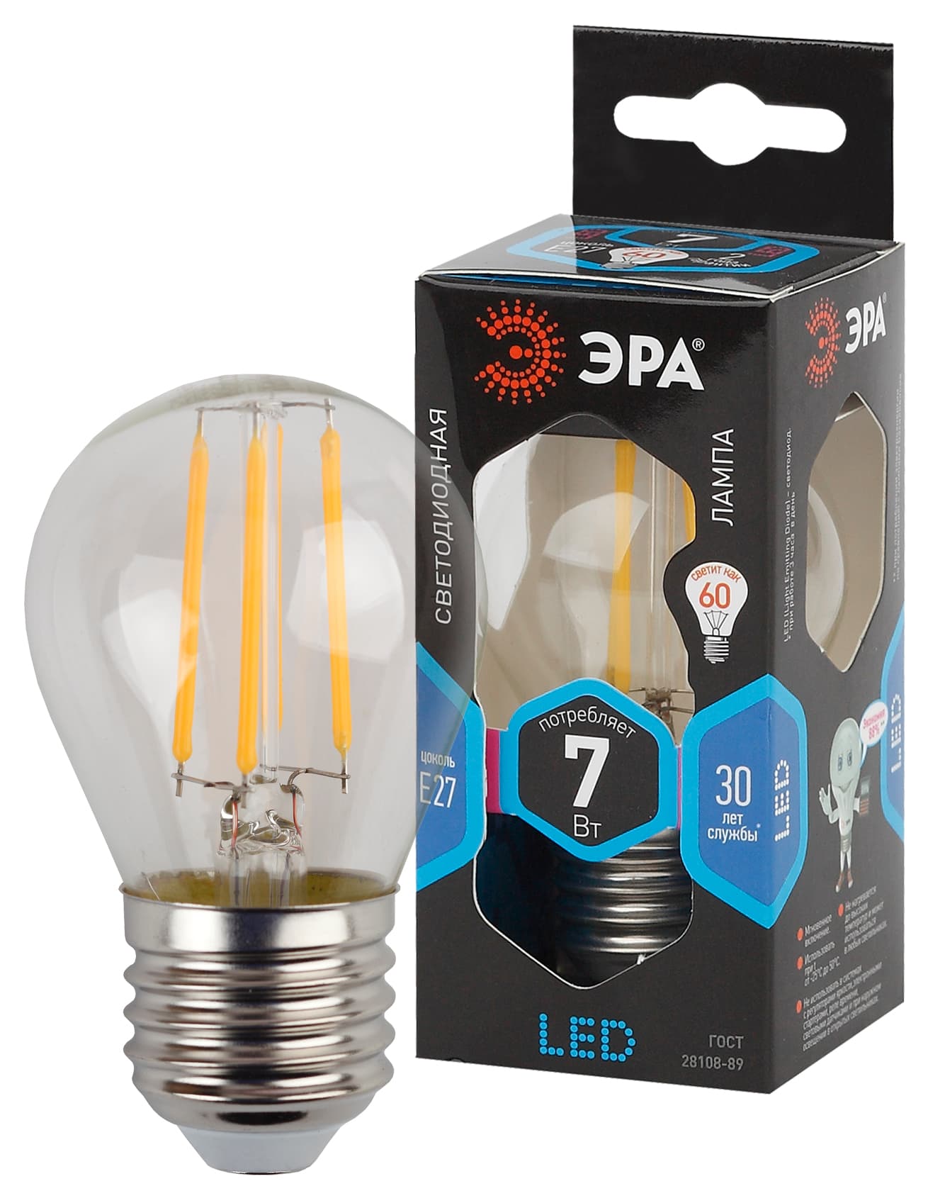 Лампа светодиодная декоративная LED 7 Вт 910Лм 4000К шар, филамент нейтральный E27 230В F-LED P45-7W-840-E27
