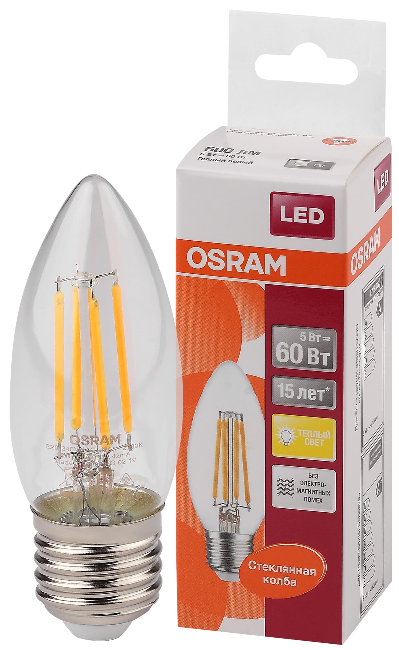 Лампа светодиодная LED 5Вт E27 CLB60 тепло-бел, Filament прозр.свеча OSRAM