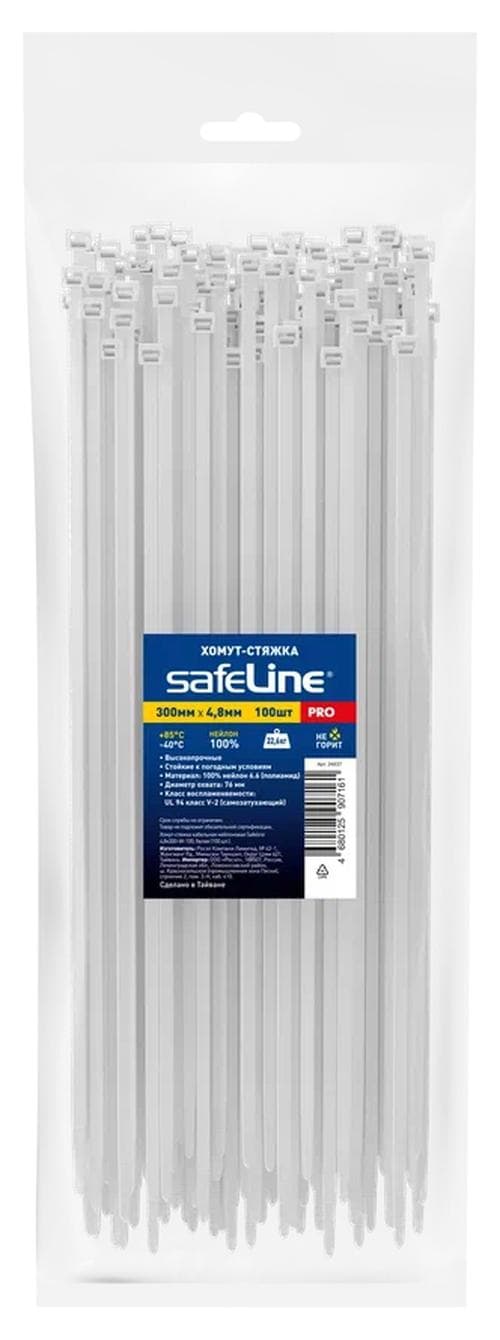 Хомут-стяжка кабельная нейлоновая Safeline 4,8x300-W-100, белая (100 шт.)